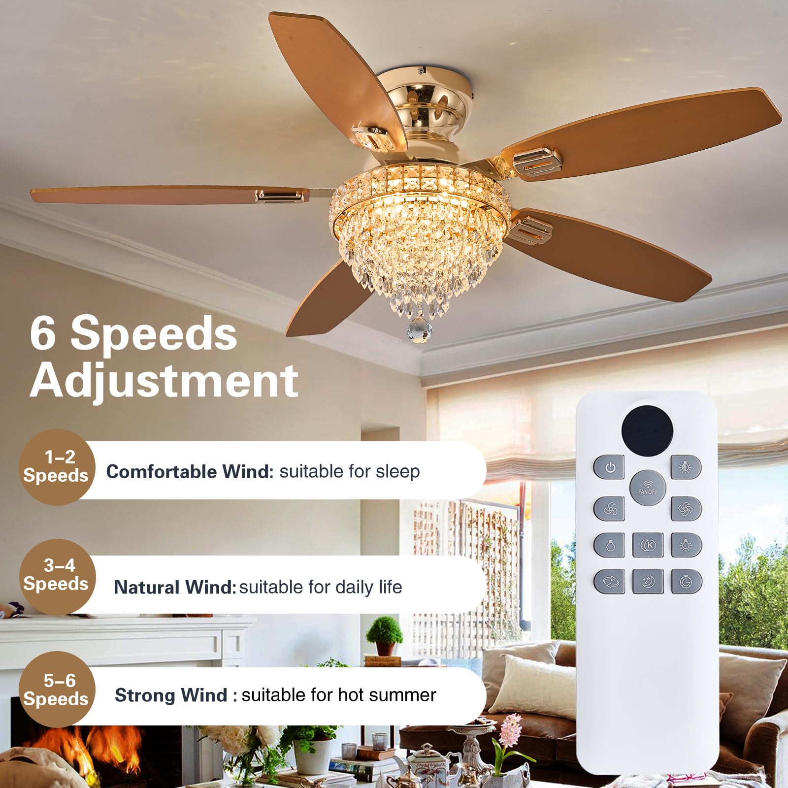 Fanyank Crystal Ceiling Fan Fandelier, 50" Gold, Flush Mount, Dimmable, Remote Control, Noiseless, Ideal for Bedroom