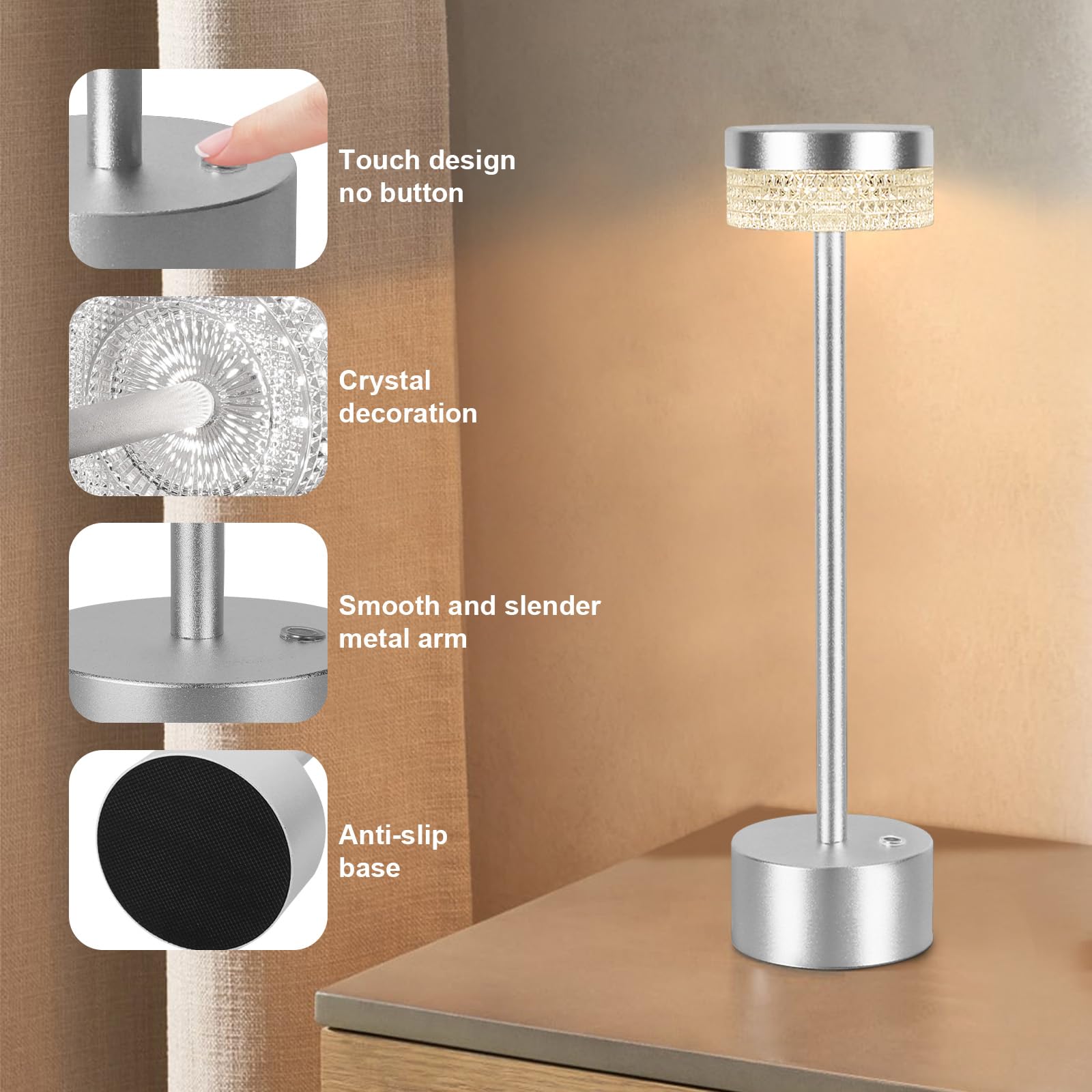 KIANDQU Cordless Modern Table Lamp, Rechargeable Battery Powered Desk Lamp, 3 Color Stepless Dimmable Led Table Lamp with USB Po