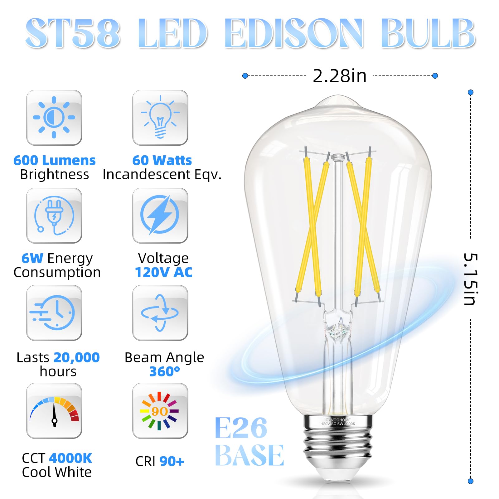 Gvvoohome Edison Bulbs 60 Watt Led, E26 Bulb Non-Dimmable, Cool White 4000K, St58 Vintage Light Bulbs, 90+ Cri, 6W 600Lm, E26 Me