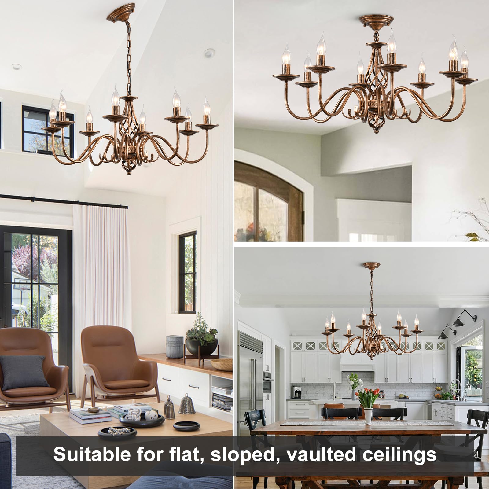 Ganeed Rustic 8-Light Antique Bronze Candle Chandelier, Vintage Iron Pendant Light Fixture for Farmhouse Living Room, Model 060-8br