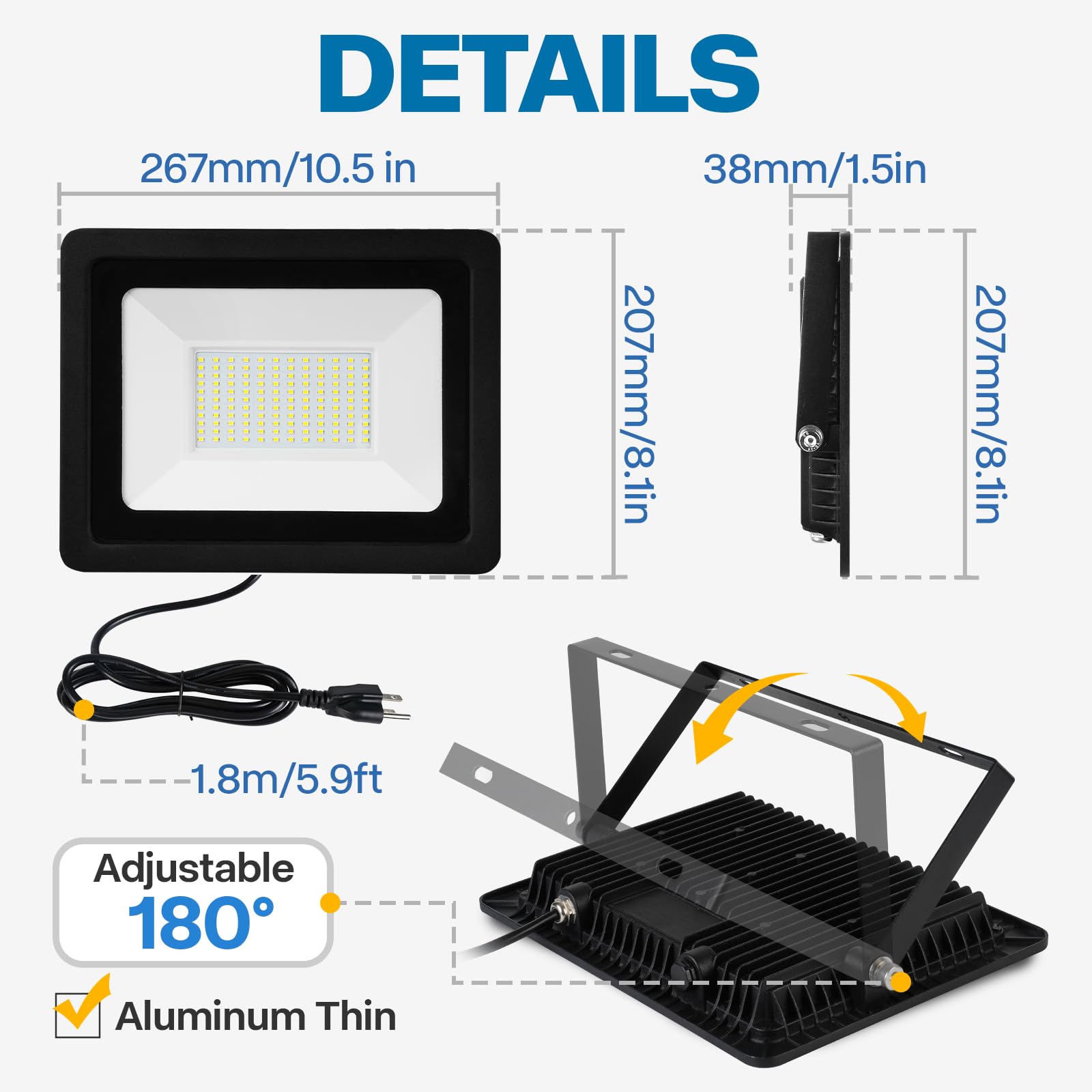 2 Pack 100W Led Flood Light Outdoor, 10000Lm Super Bright Led Work Light With 5.9Ft Plug, Ip65 Waterproof 6000K Daylight White Outside Led Flood Light With The 180°Adjustable Bracket For Garage, Yard