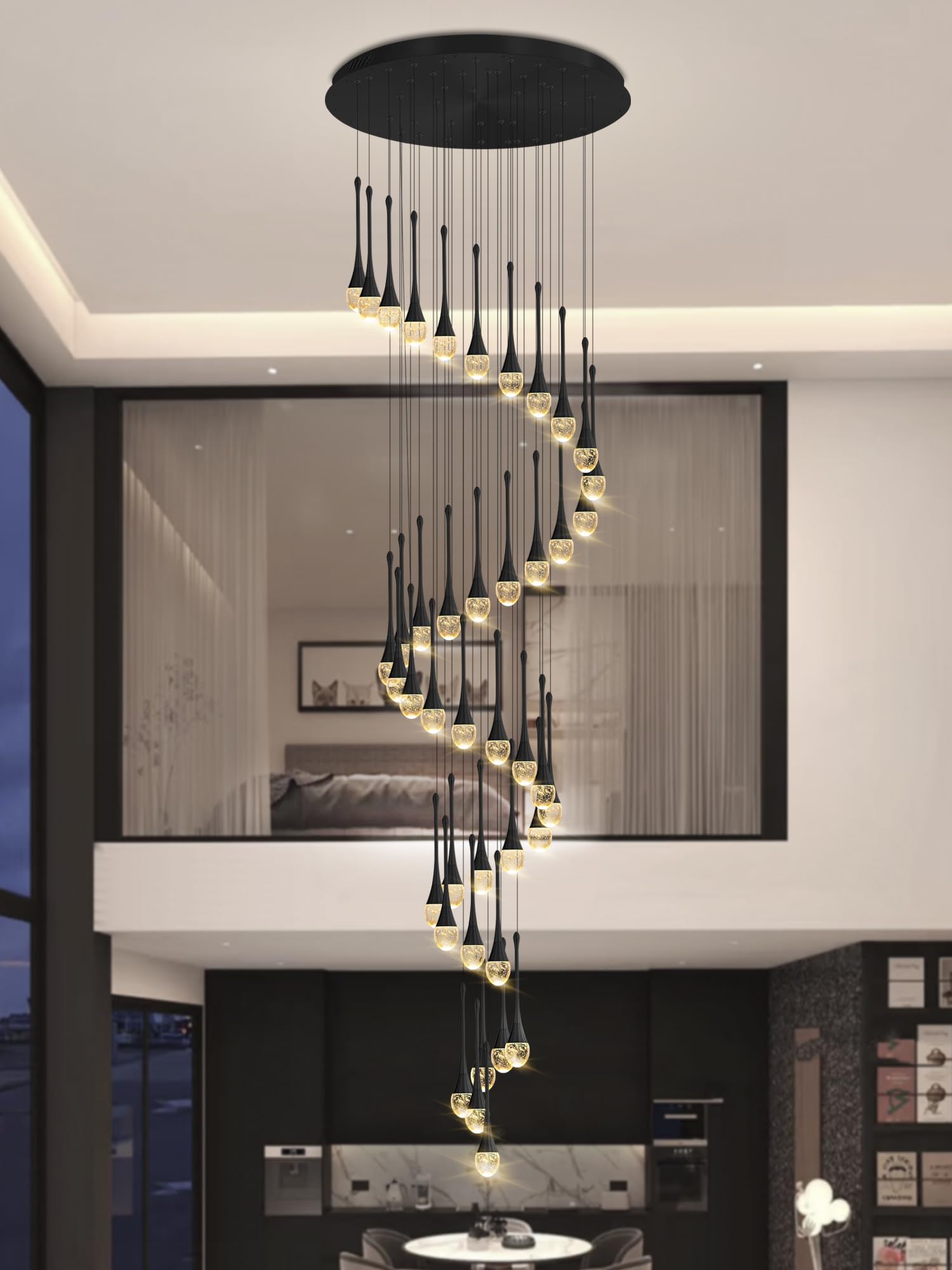 ykolupty Crystal Staircase Chandelier, 42-Lights, Adjustable Length 197in, Black, Model TP0038-42H, Ideal for High Ceilings