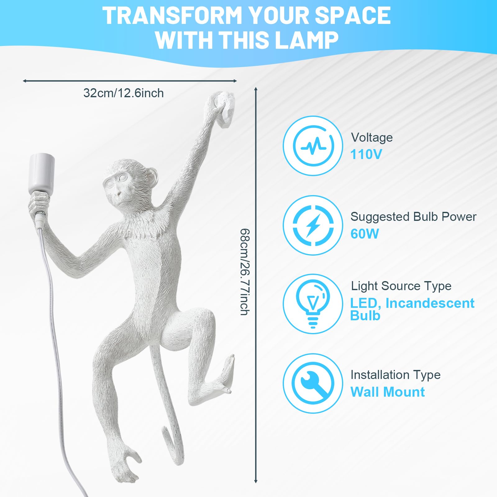 Huashuani Monkey Wall Lingt, Creative Monkey Shape Plug In Wall Sconces, Industrial Retro Indoor Decorative Animal Light Fixture