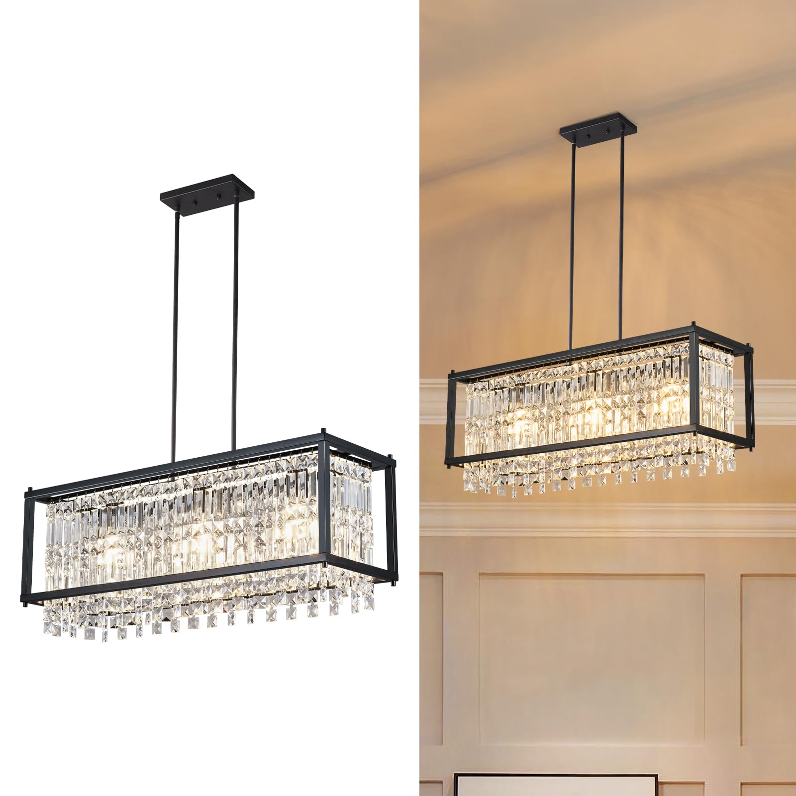 LMQNINE Modern Rectangle Chandelier for Dining Room, Black Crystal Chandelier Linear Light Fixture, Farmhouse Chandeliers for Ki