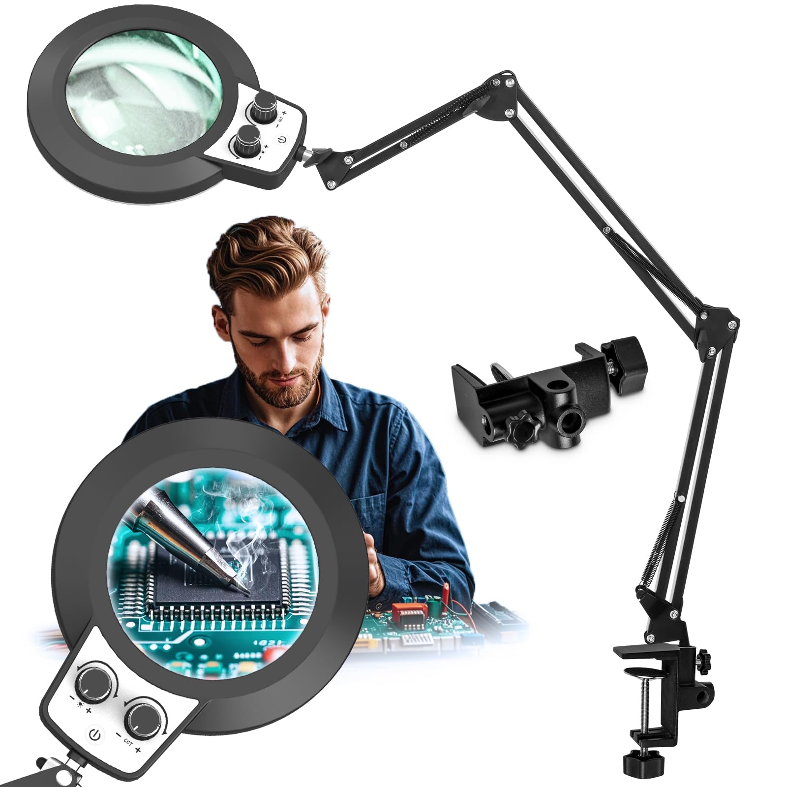 HITTI 12X Extra Long Magnifying Glass with Light, Upgrade Infinite Color and Brightness LED Desk Lamp Clamp, Hands Free 3 Sectio