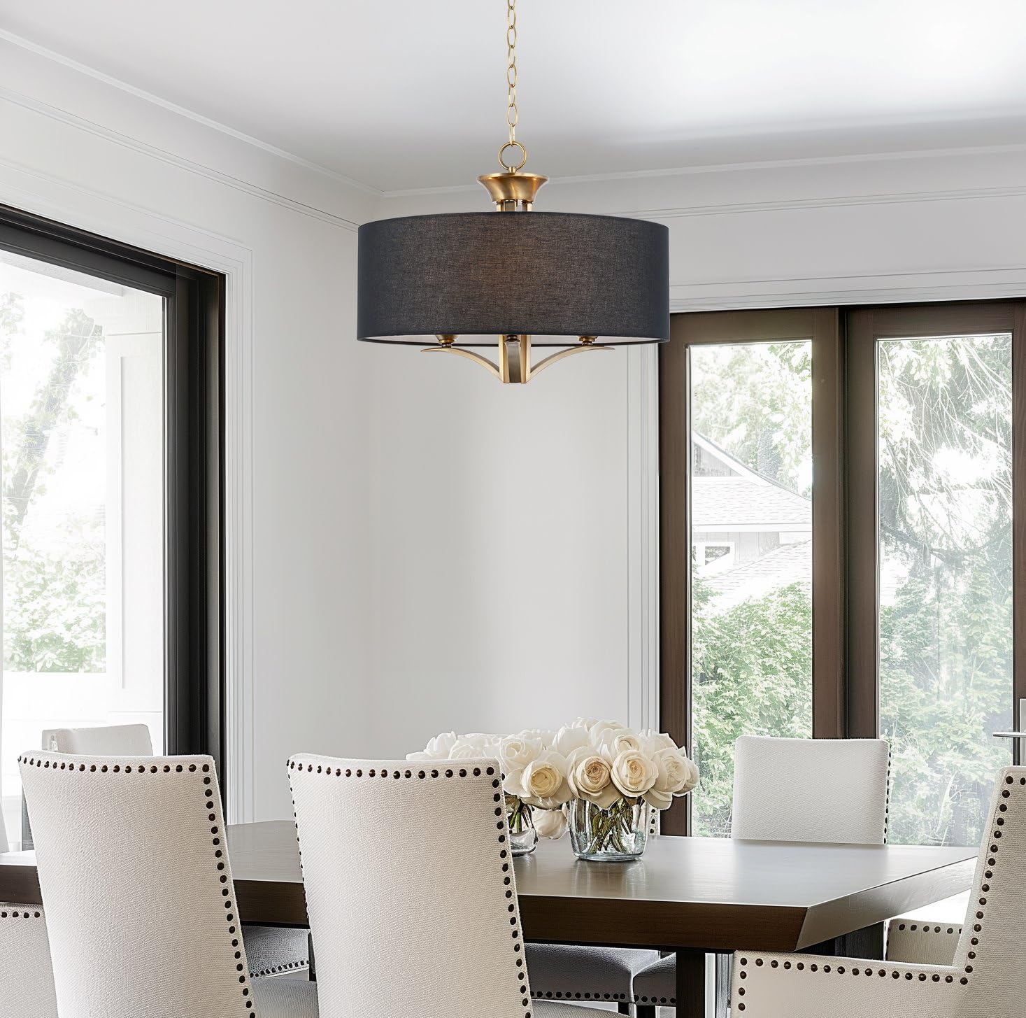 Kira Home Alondra 20'' Modern 3-Light Drum Chandelier + Black Fabric Shade, Adjustable Height, Warm Brass Finish