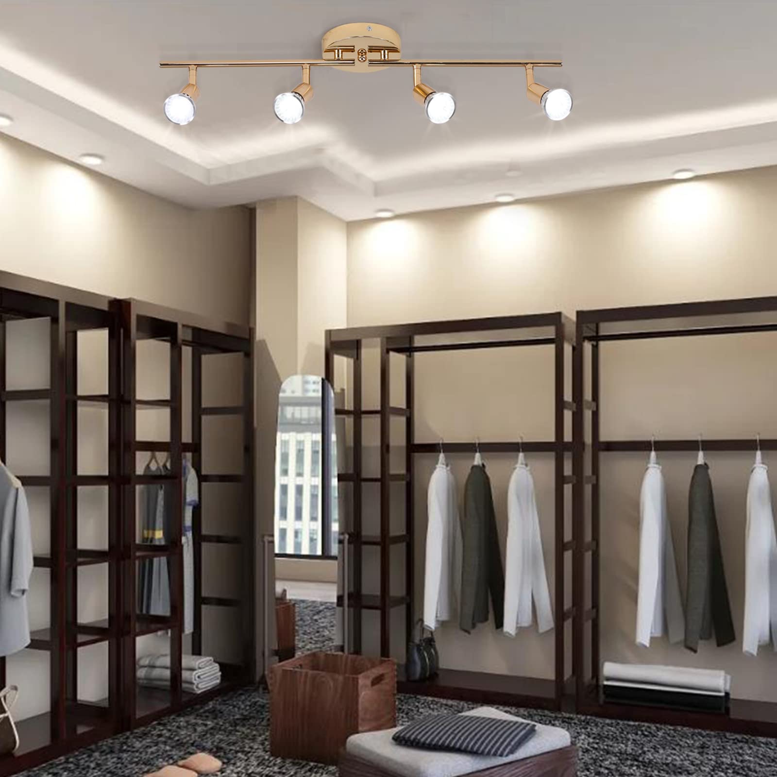 Qcyuui Modern 4-Light Track Lighting Kit, Flush Mount Wall/Ceiling Spot Lights Fixture, Led Track Light With Gold Flexibly Rotat