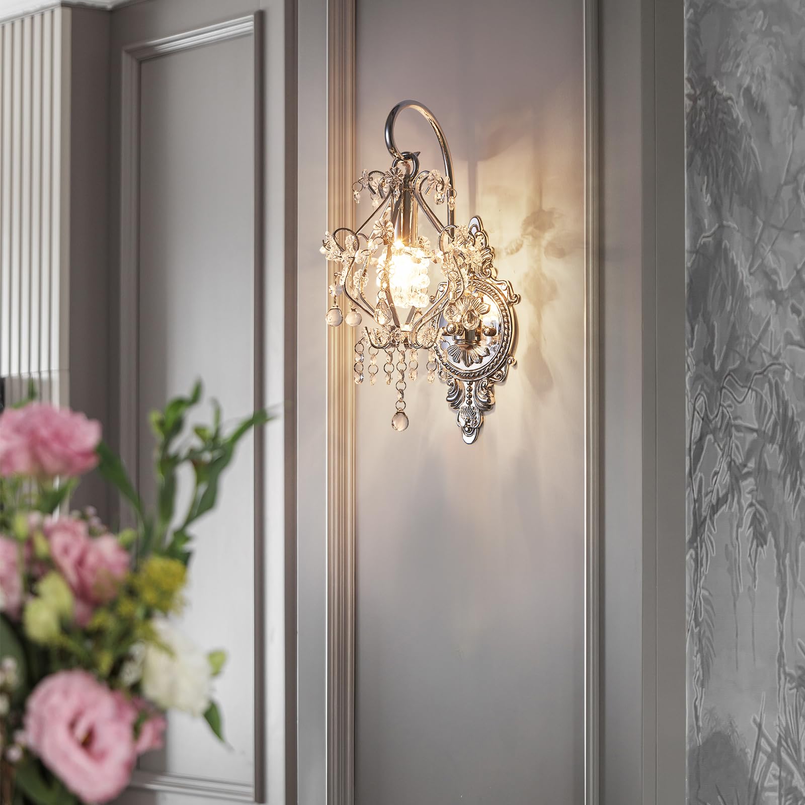 Fetason 2 Pack Hardwired Silver Wall Sconces, Vintage Crystal Light Fixture, E12 LED Bulb, Ideal for Bedroom, Living Room, Bathroom