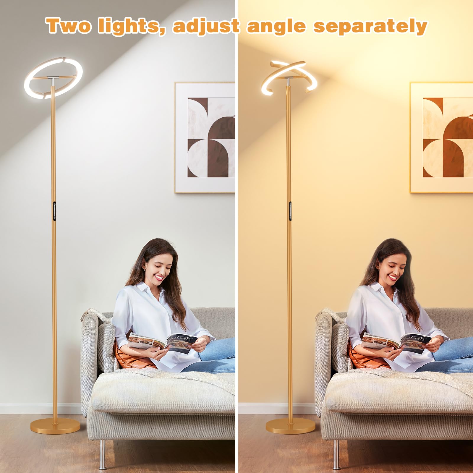 Preeotti Led Gold Floor Lamp - 73.6'' Tall Modern Standing Lamp With 2 Rotatable Lights, Remote & Touch Control, 36W Bright Step