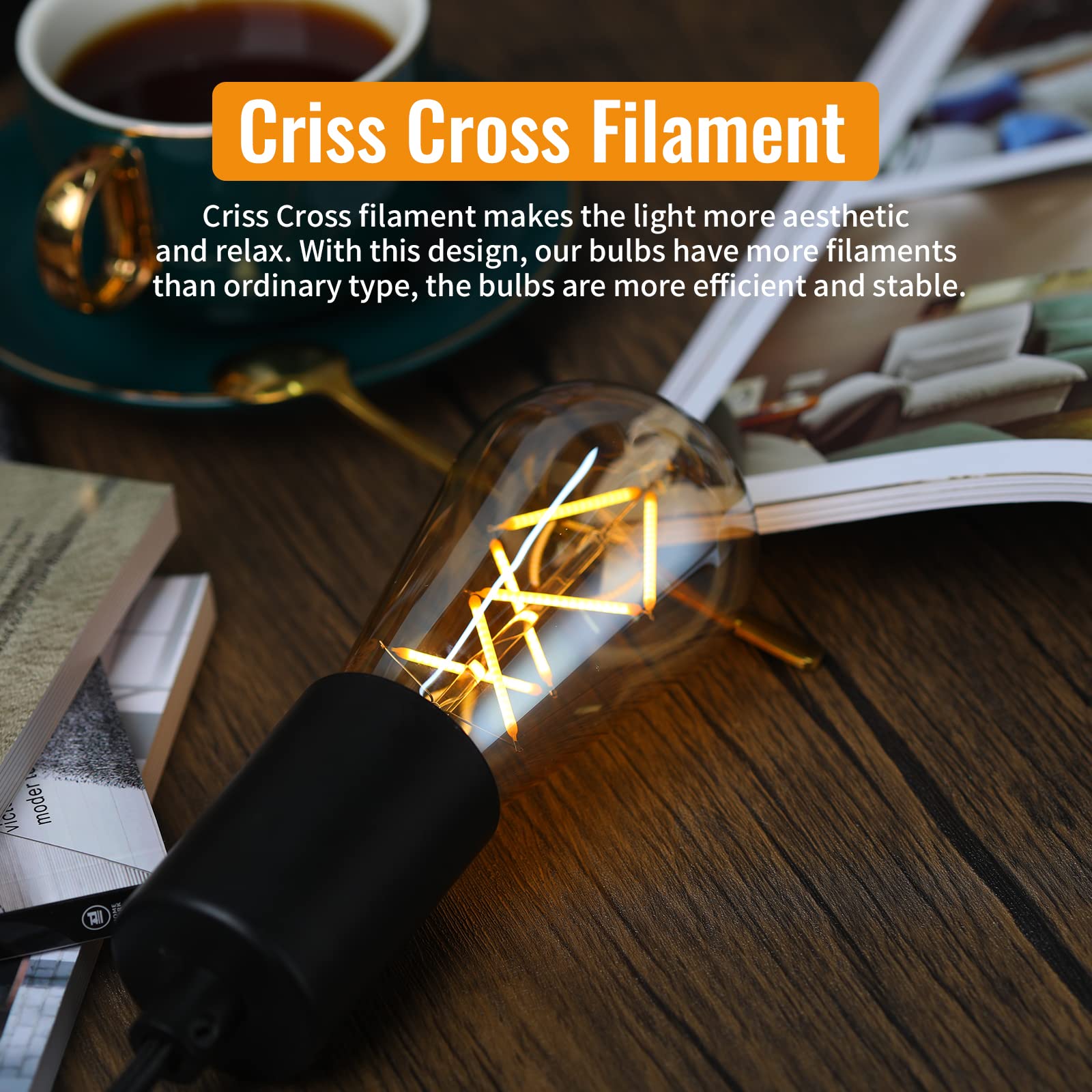 OMED LED Edison Bulb, ST64 E26, 60W Equivalent, Dimmable, Amber Glass, Soft White 2700K, Pack of 2