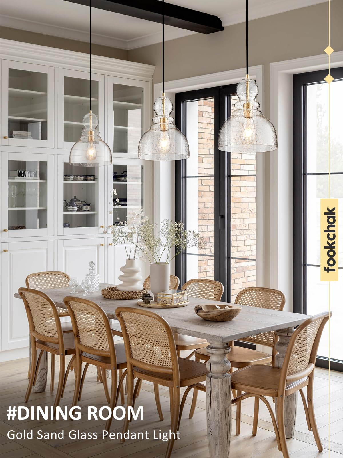 Fookchak Gold Pendant Lights Kitchen Island, Modern Gold Sand Glass Pendant Lighting 10Inch Large Brass Ceiling Haning Light For