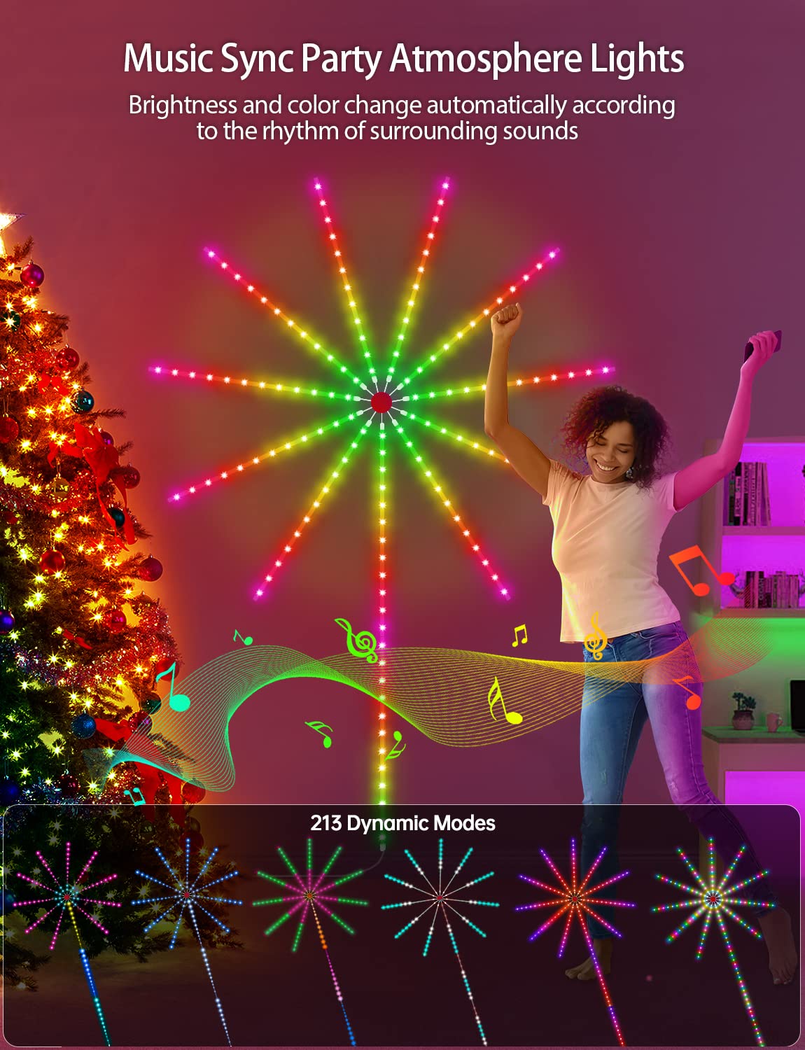 MATICOD Smart Firework LED Lights, USB Powered, RGB Color Changing, 19.6in, Vinyl, Model SKS-JZ-02, Remote App Control for Party Decor