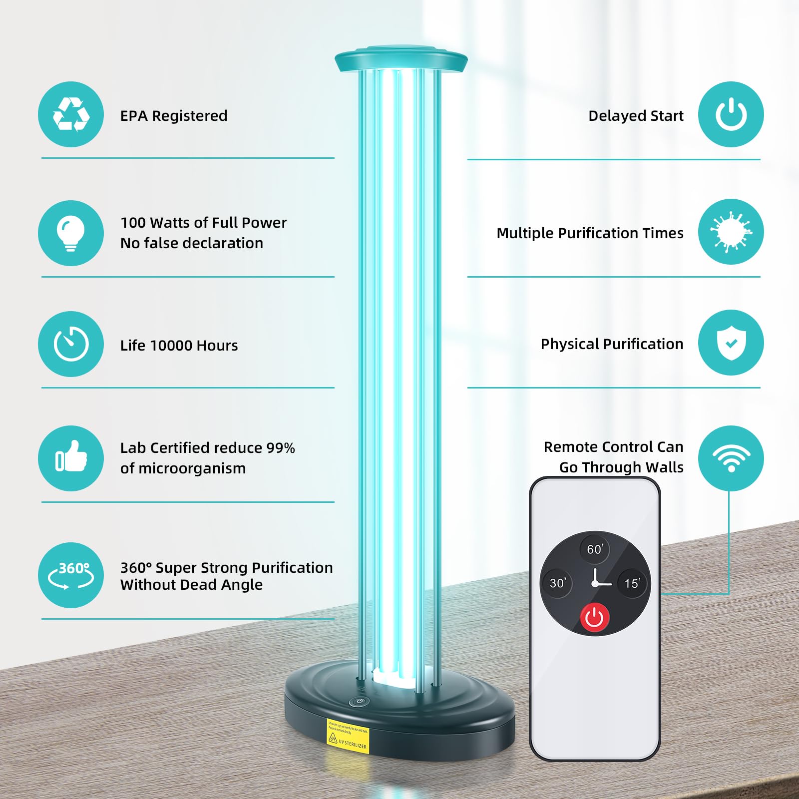 JTAPURE 100W UV Light with Ozone, Timer & Remote Control - Black, Mold & Dust Mite Eliminator, Model JTA-100WO