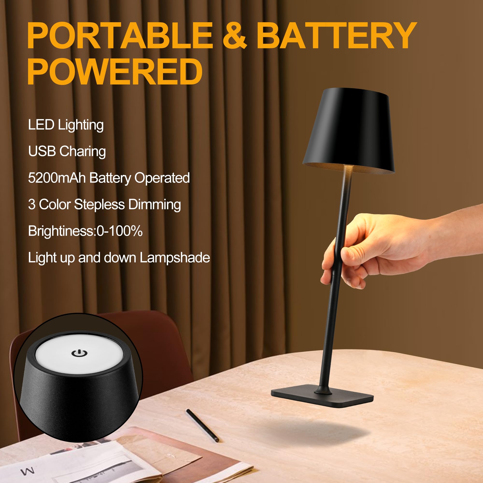 Hiseego Cordless Table Lamps Rechargeable, Adjustable Height, 5200Mah Battery Operated Lamp, 3 Color Stepless Dimming Up, Outdoo