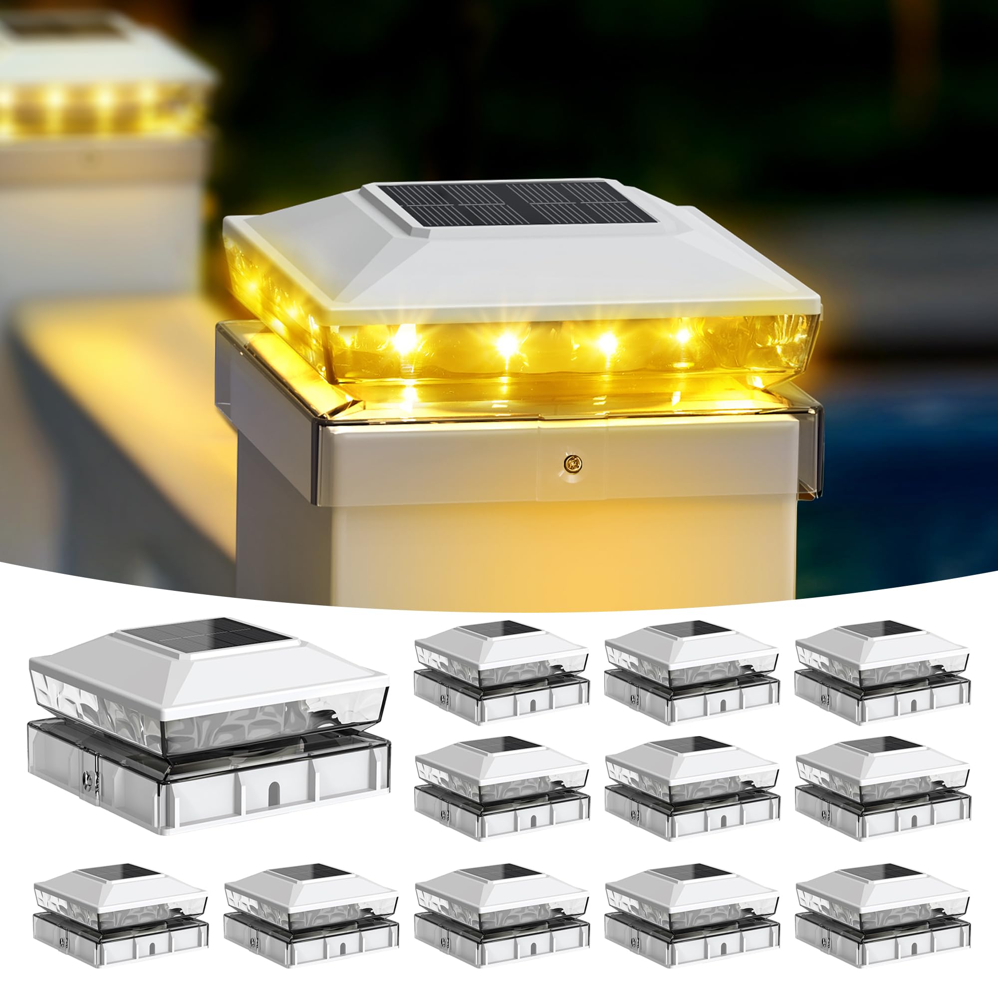KEILAIMO Solar Post Cap Lights, 12-Pack, IP65 Waterproof, Warm White Glow, Fits 4x4/5x5 Posts, White, Model SL51