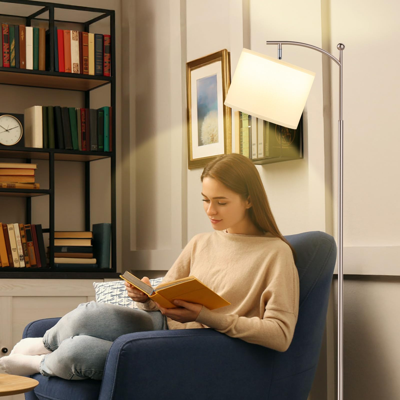 60'' Floor Lamps For Living Room With 3 Color Temperatures, Adjustable White Shade With Light Gold Pole, Tall Lamps For Living R