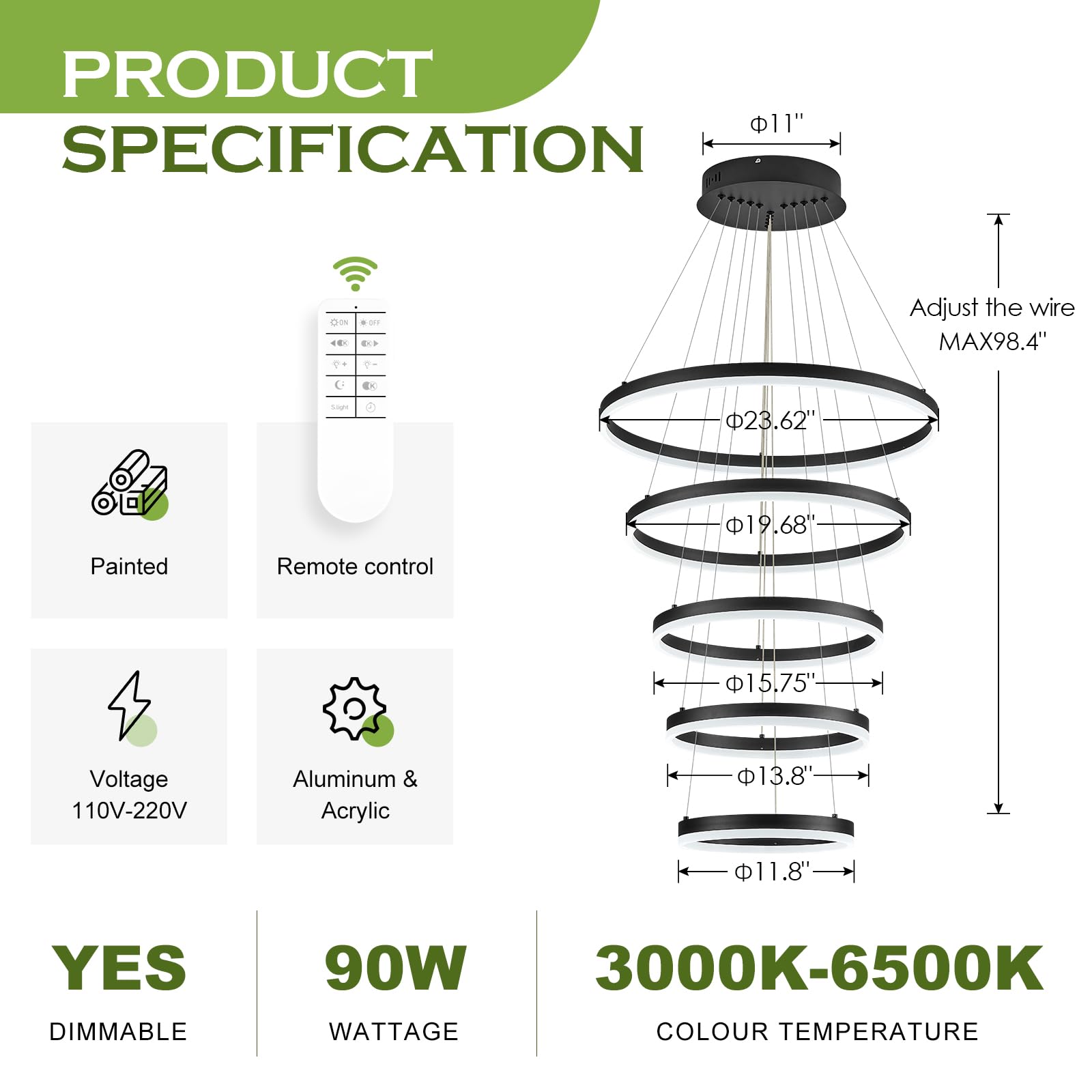 Benkut 5-Rings LED Chandelier, Black, Dimmable with Remote Control, Contemporary Design for Dining Room, Model P60S-5BDC1