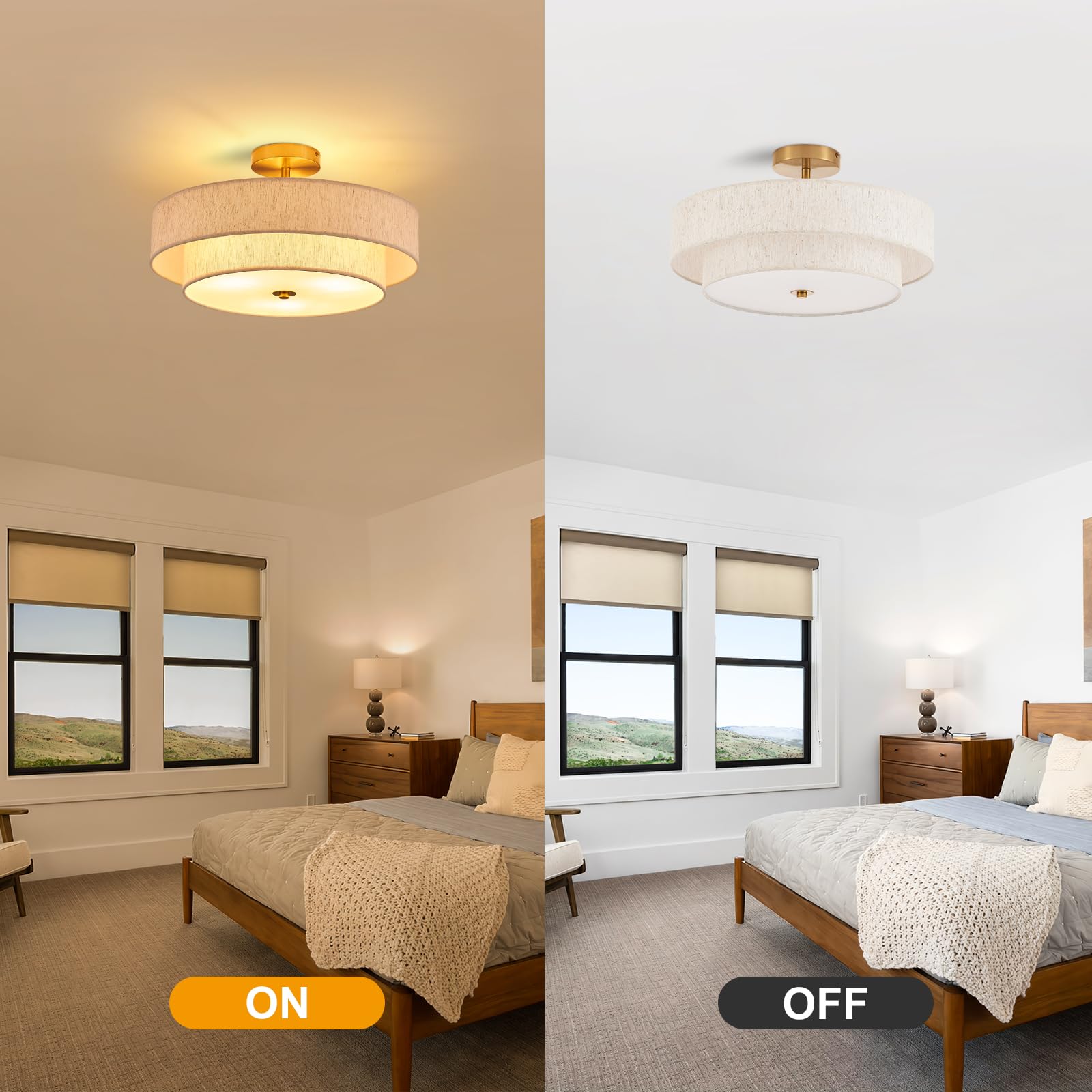 Widluth Modern Semi Flush Mount Ceiling Light 18" Modern Gold 3-Lights Drum Ceiling Lighting Fixture Vintage Linen Golden Ceiling Lamp For Laundry Room, Kitchen, Basement, Dining Room, Bedroom