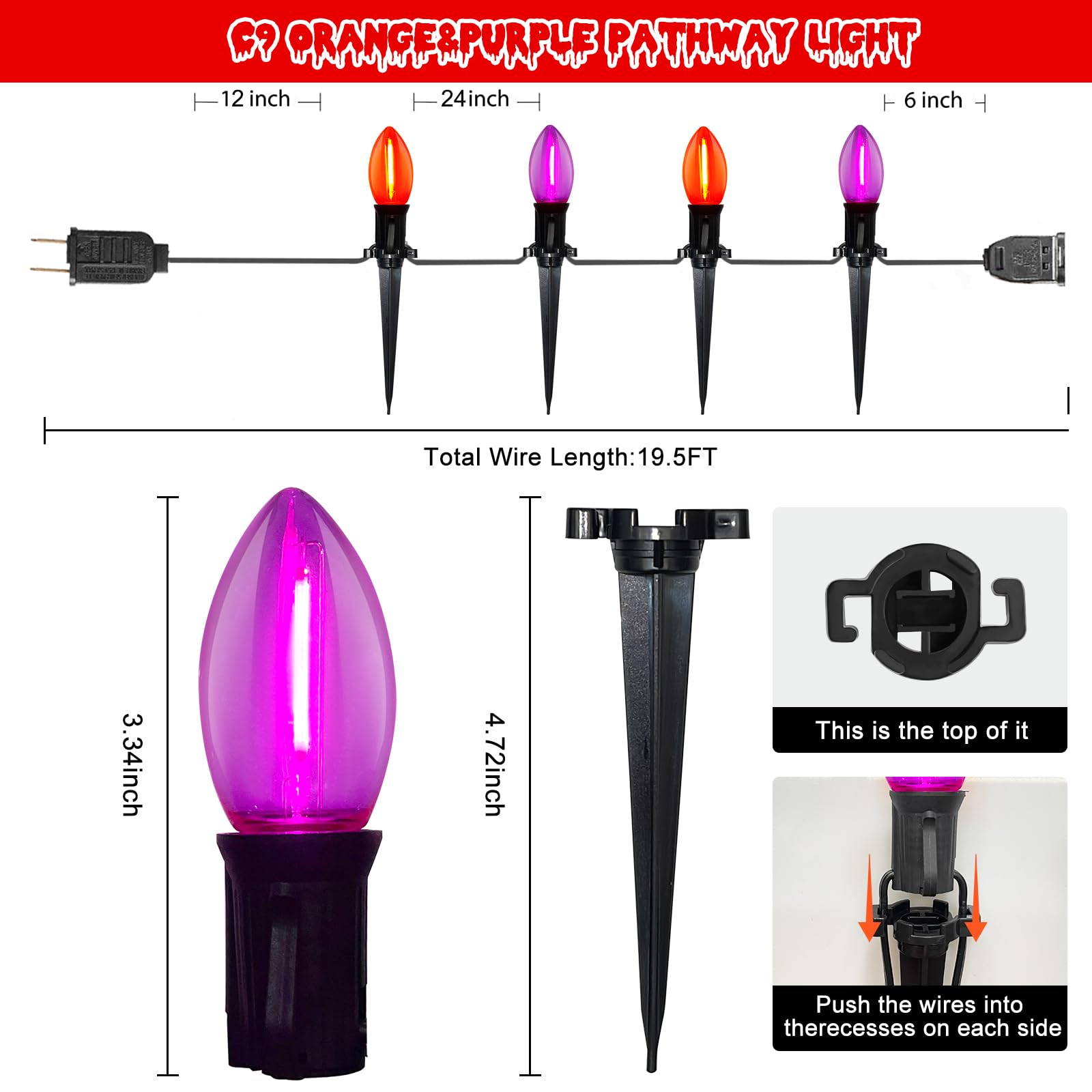 Konictom Halloween Pathway Lights, 10 Pack C9 LED Orange/Purple, 19.5Ft, Outdoor Stake Lights for Garden Yard Decor