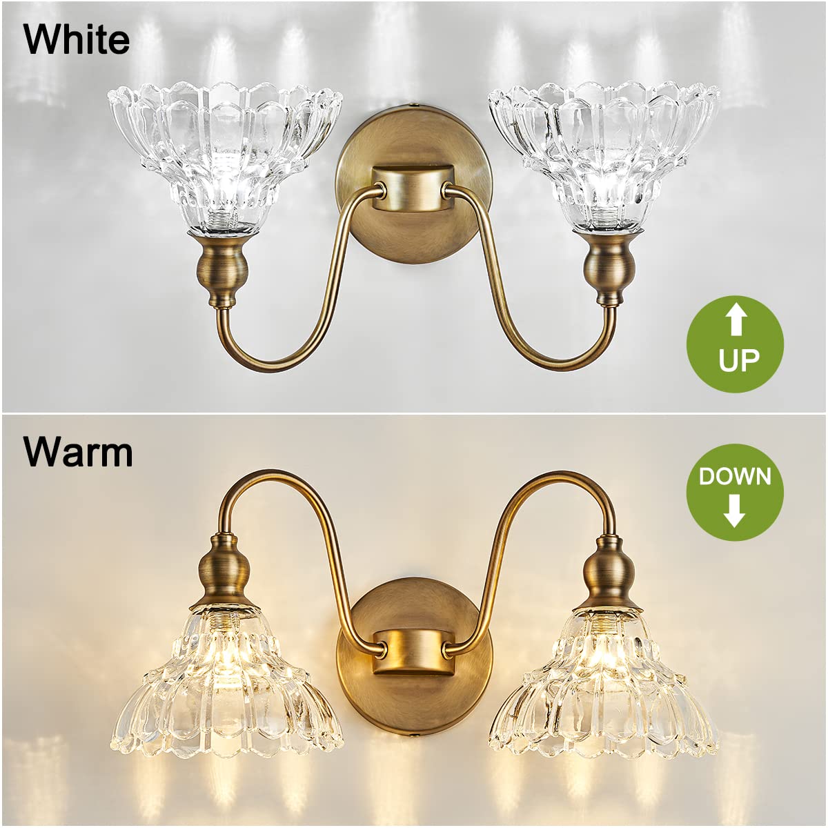 Tlolgt Antique 2-Light Wall Sconce Modern Bathroomvanity Light Gold Wall Light Made Of Metal Body And Pressed Patterned Glass Retro Vanity Light For Bedroom, Bathroom, Doorway, Foyer, Hallway