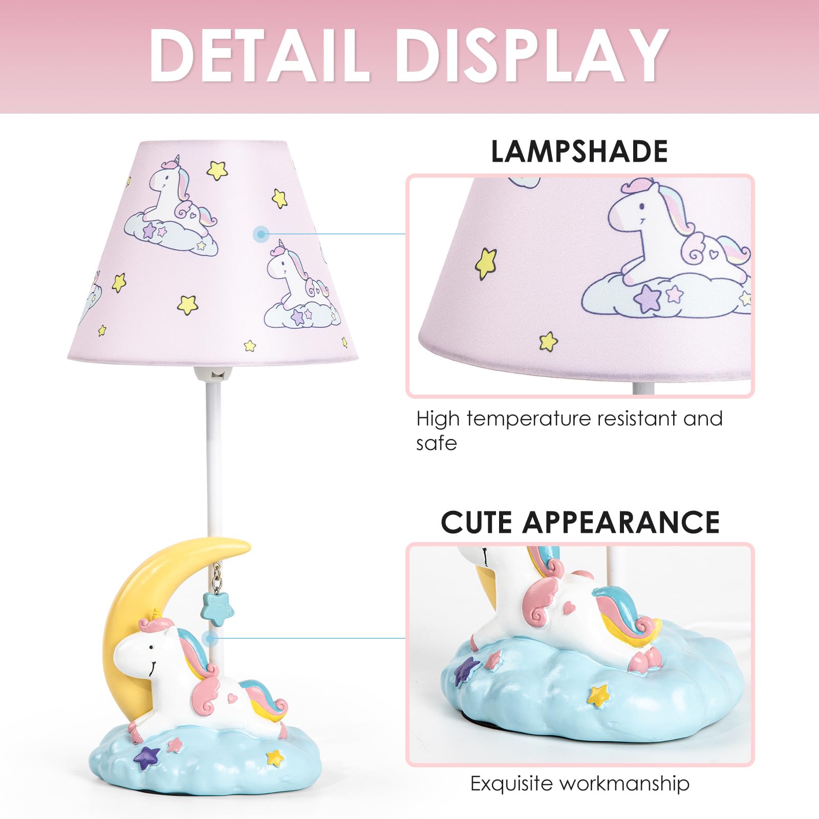 HERBESTBAY Kids Table Lamp, Moon Unicorn Design, 16 Inch Pink Bedside Lamp with LED Bulb, Ideal for Girls Bedroom Decor