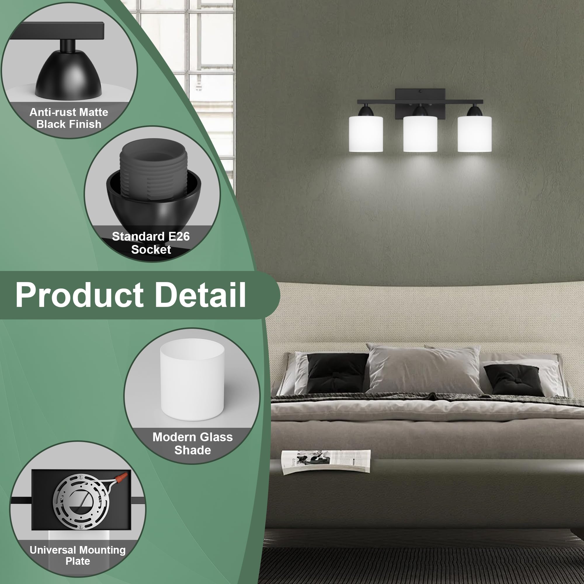 Black Bathroom Lights Over Mirror, Anti-Rust Vanity Light Fixture For Bathroom, Modern 3-Light Wall Sconce Light For Living Room