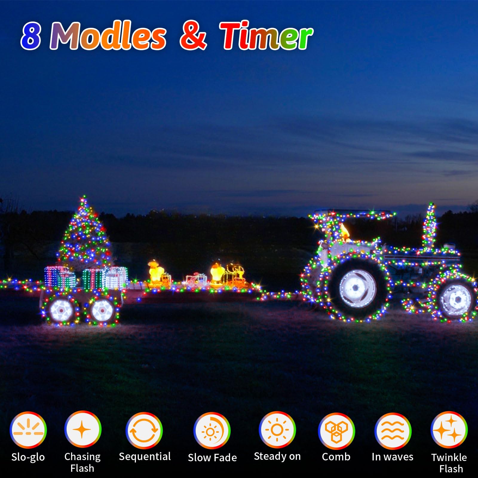 ROADAYLY 131FT 400 LED Christmas String Lights, Waterproof, 8 Modes, Timer, Multicolor