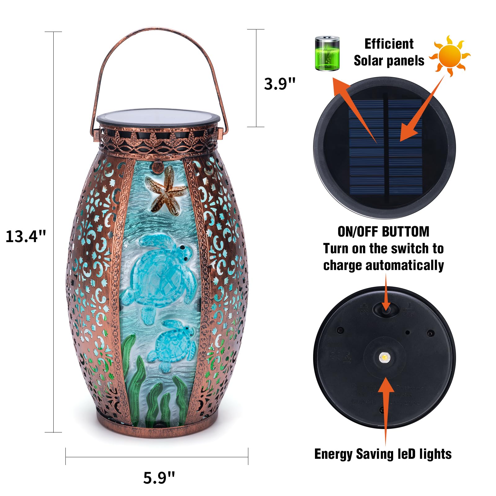 Outdoor Solar Lantern-Waterproof Turtles Hanging Metal Decorative Lights For Patio Table Garden Pathway Yard With Super Bright W