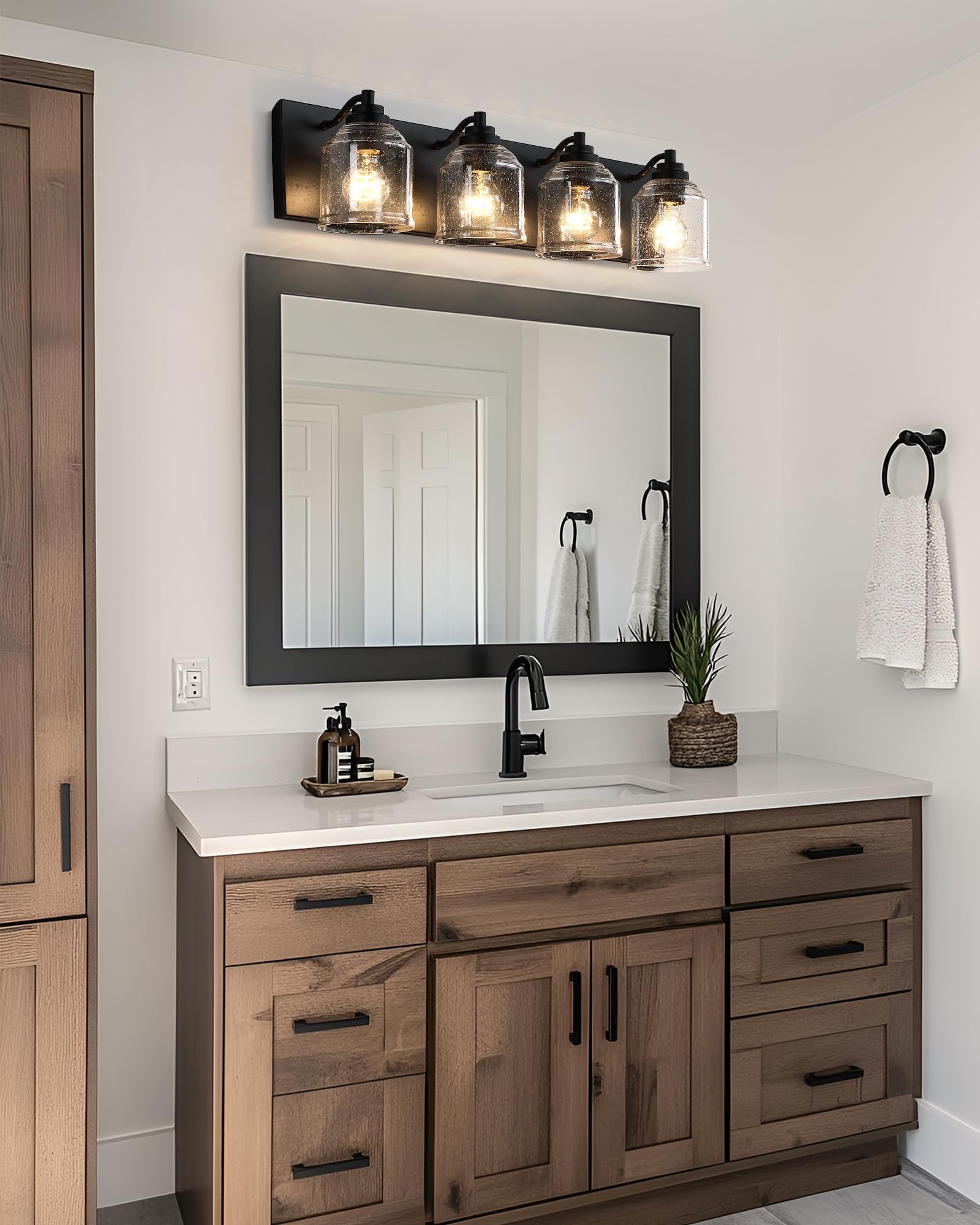 YKLITG 4-Light Black Metal Farmhouse Bathroom Vanity Light with Bubble Glass Shades, Model BD005 S