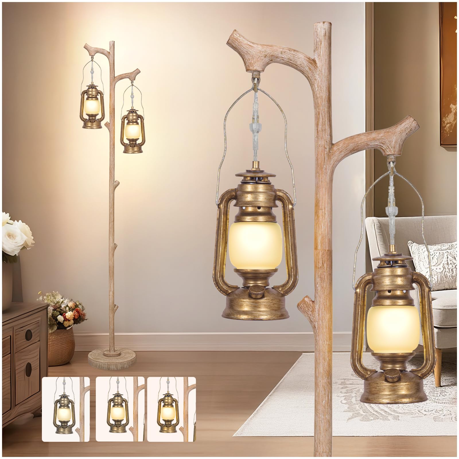Scenekoy Vintage 68    Tall Floor Lamp With Lanterns, Retro Standing Lamp Tree Trunk Finish & Resin Body, Rustic Dimmable Corner