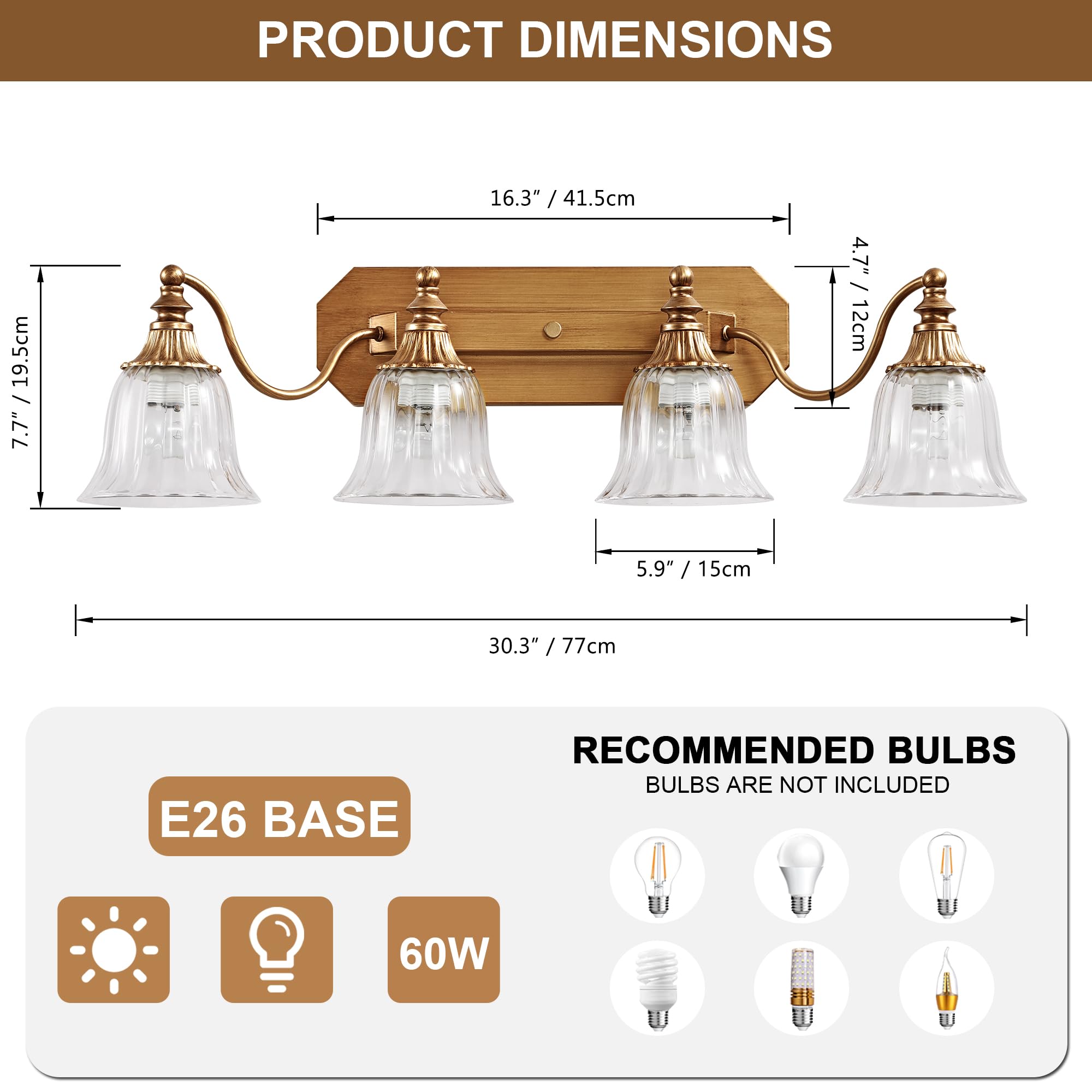 DvmTeom 4-Light Gold Vintage Bathroom Vanity Light Fixture, Antique Brushed Gold with Crystal Glass Shade, Model D6001