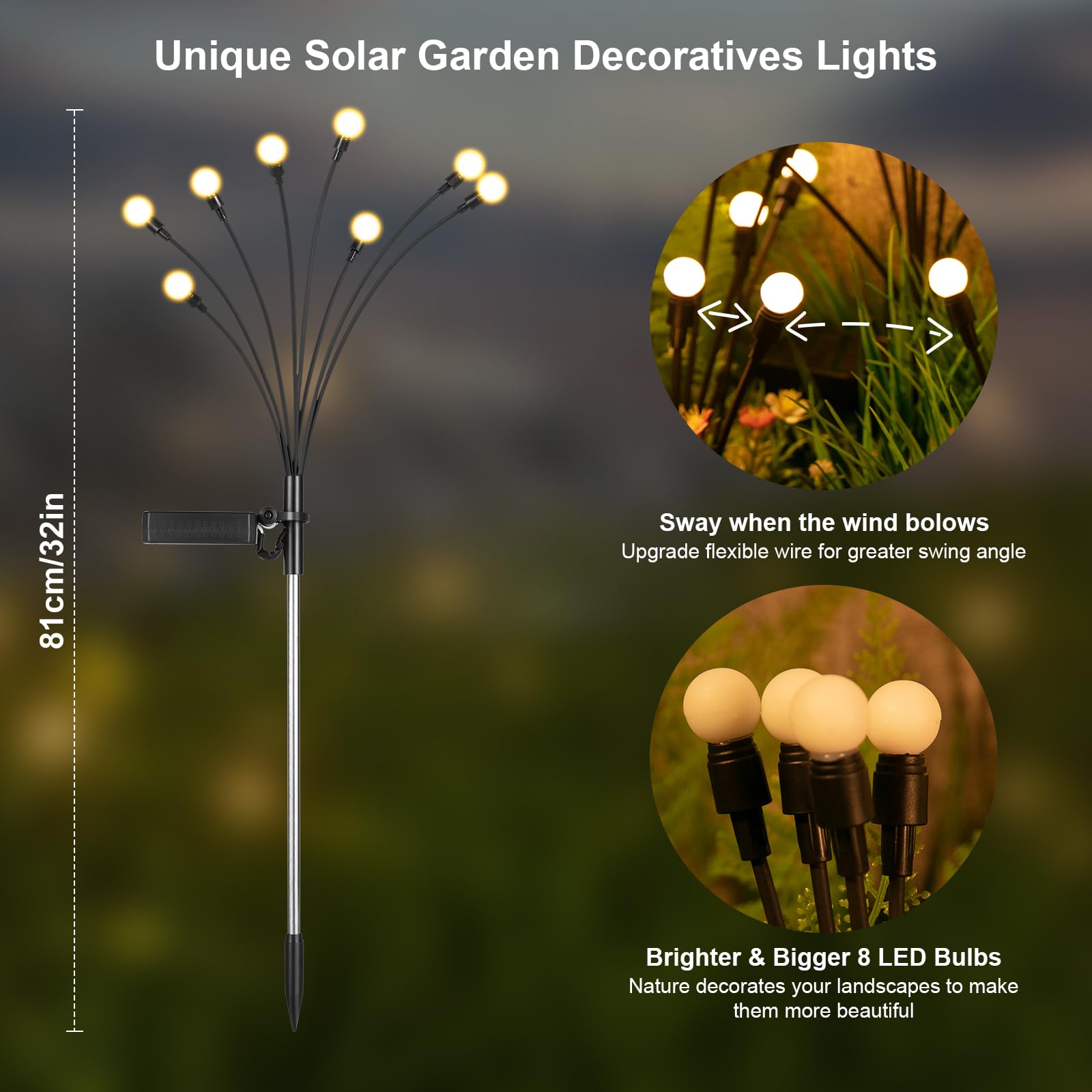 Asmad Solar Garden Lights, 8 Pack 64 Led Solar Outdoor Lights, Outdoor Decorations Lights, Solar Swaying Lights, Firefly Lights For Patio Pathway Outdoor Decor, Big Bulb Solar Swaying Light
