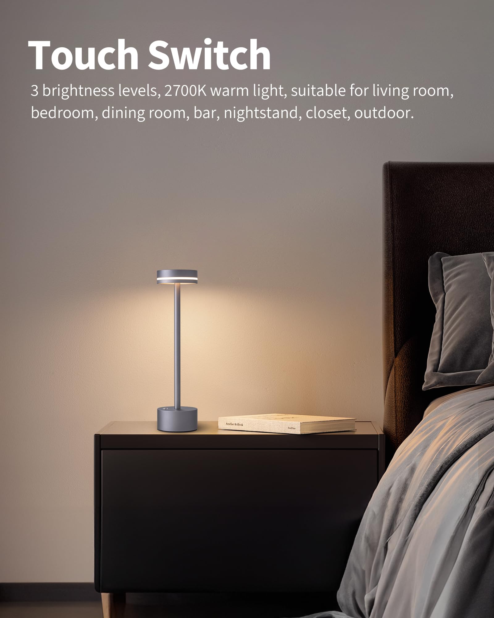 PUSU Portable LED Table Lamp, Cordless, Touch Control, Small, Gray, Model AMZ-TBL1800-YU