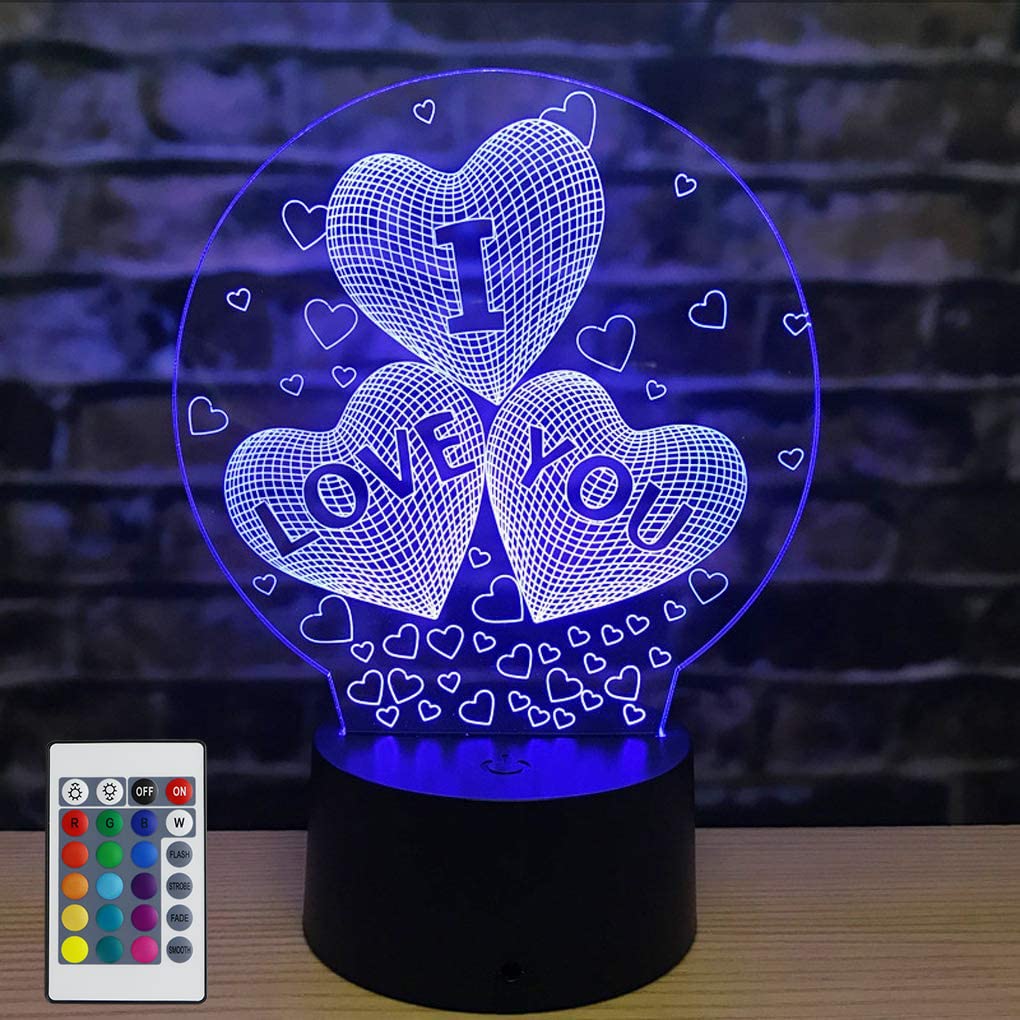 AZIMOM 3D I Love You Illusion Lamp, 16 Colors, Smart Touch, Remote Control, Bedside Night Light, Multicolor, Home Decoration