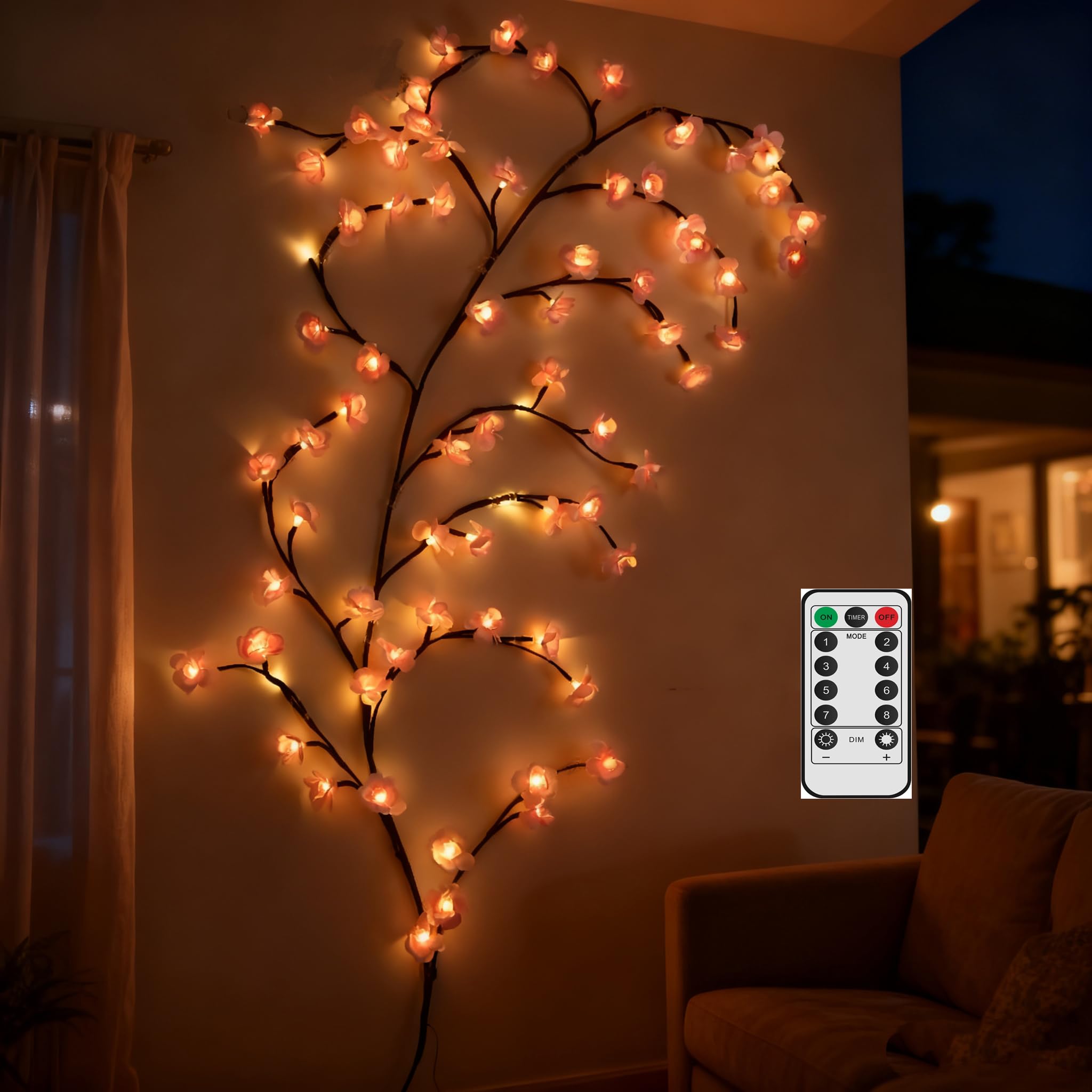 90 Inch Cherry Blossom Tree Light with Remote  144 LED Cherry Blossom Branch Lights for Wall  8 Lighting Modes&Timer  Flexible DIY Indoor Decoration for Home  Christmas  Wedding  Party (144LED-90inch)