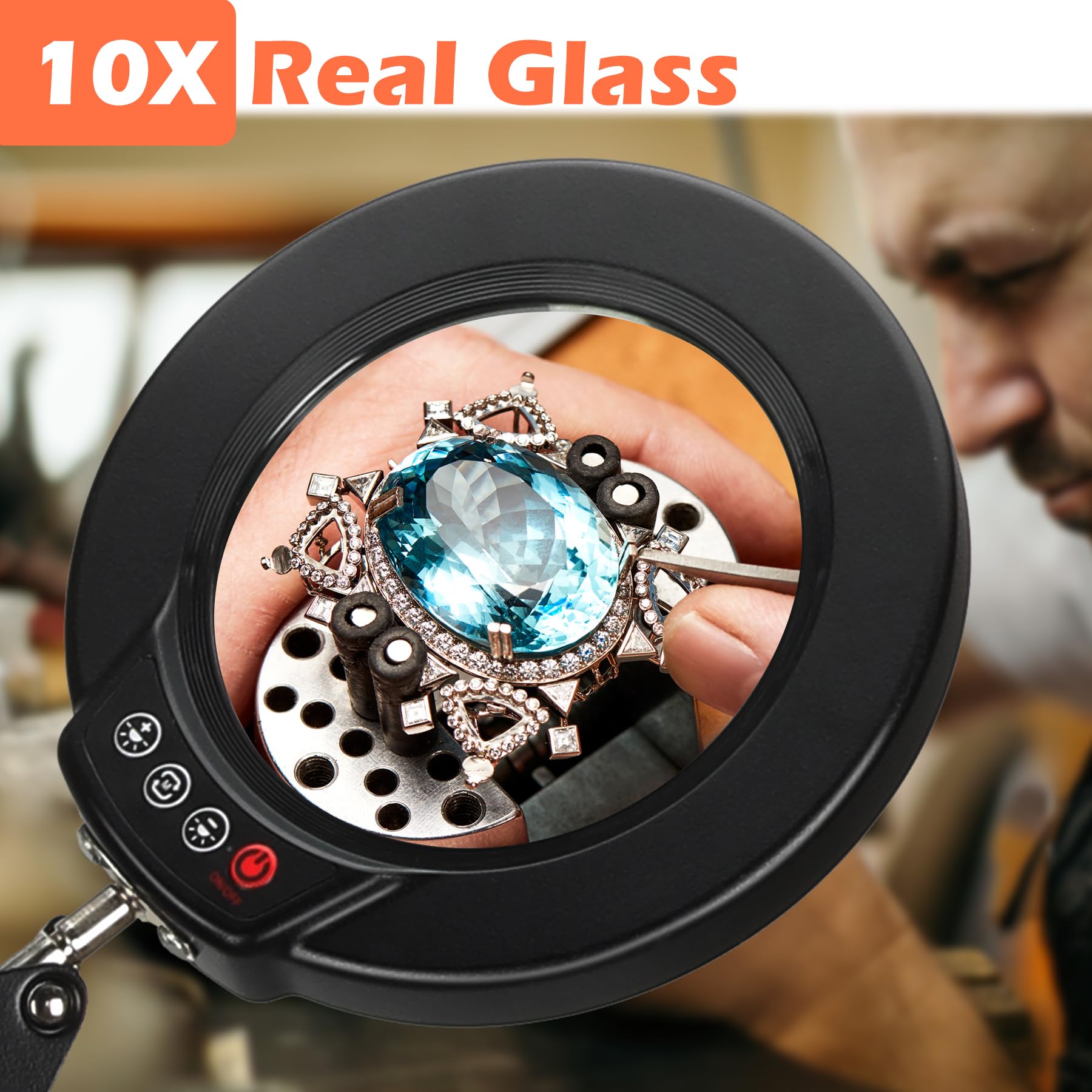 Magnieopti 10X Magnifying Glass With Light And Stand, Real Glass Lens Magnifying Desk Lamp, Lighted Magnifier With Light Steples