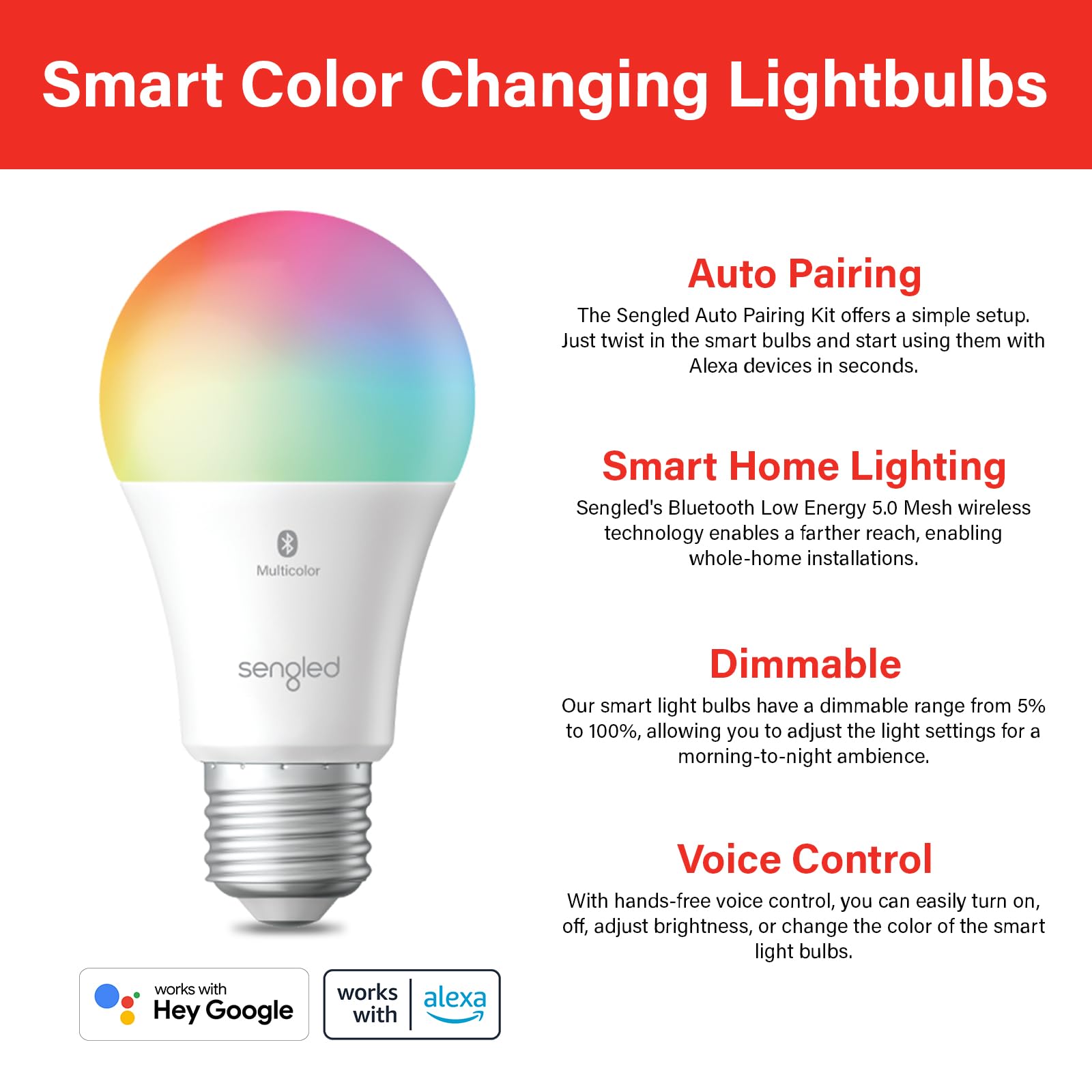 Sengled Smart Light Bulbs, Color Changing Alexa/Bluetooth Mesh, Dimmable Led Bulb A19 E26 Multicolor, High Cri, High Brightness, 8.7W 800Lm, 1Pack