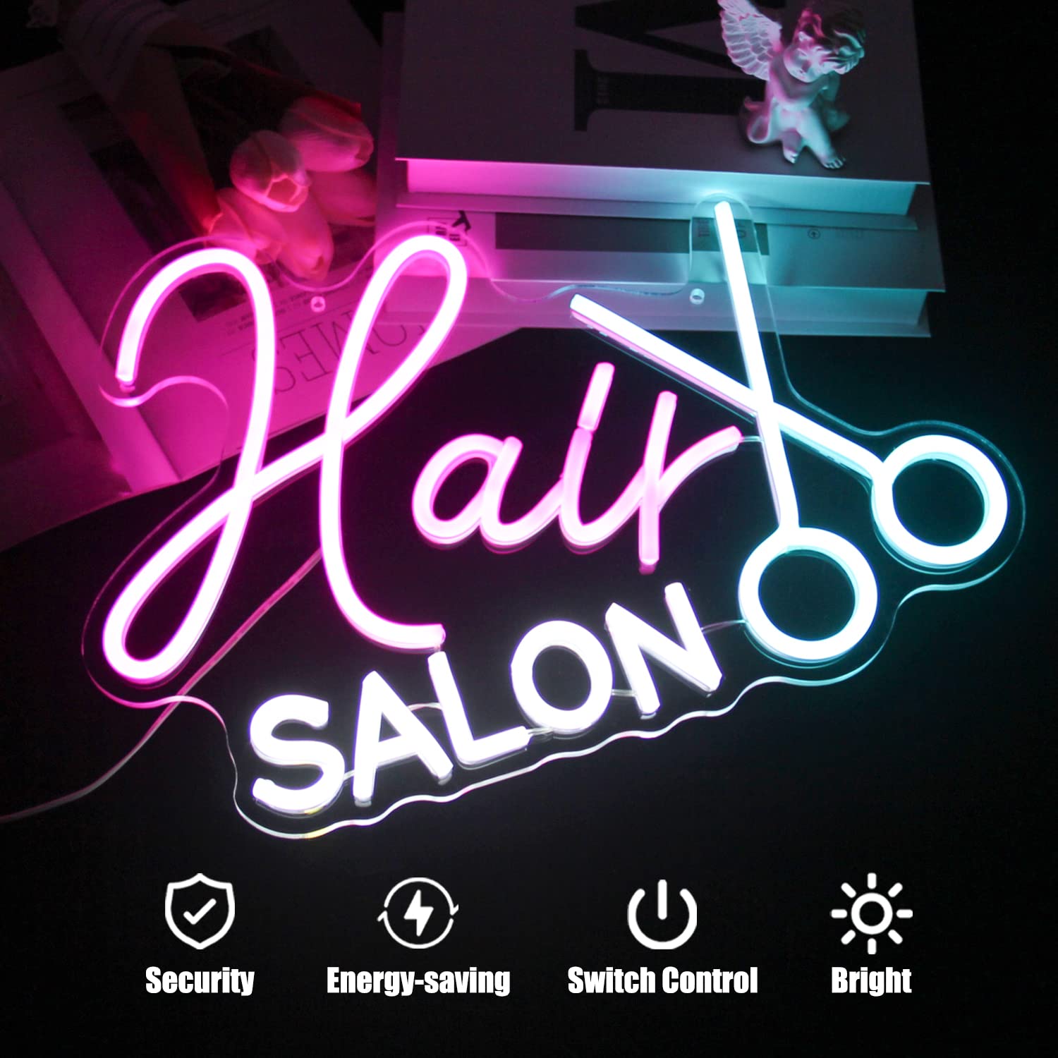 CKTBLEY Hair Salon Neon Sign, LED Wall Decor, Acrylic, Model CC-Hair Salon, Blue White Pink
