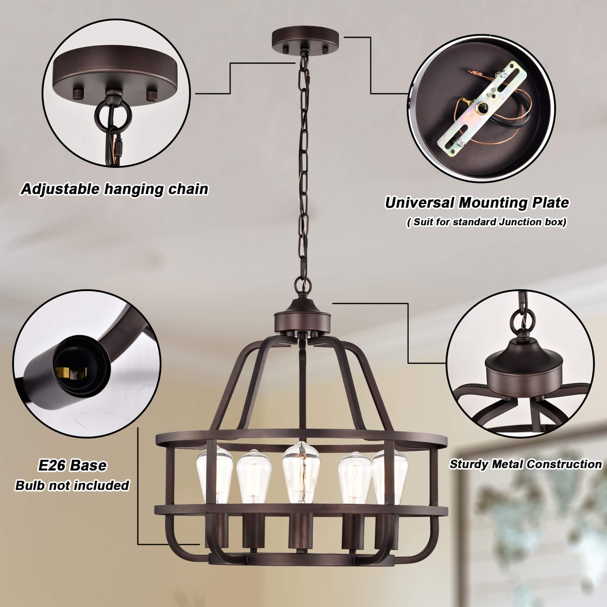 winsmart 20" Oil Rubbed Bronze 5-Light Farmhouse Chandelier - Metal Light Fixture for Dining Room, Kitchen Island, Entryway