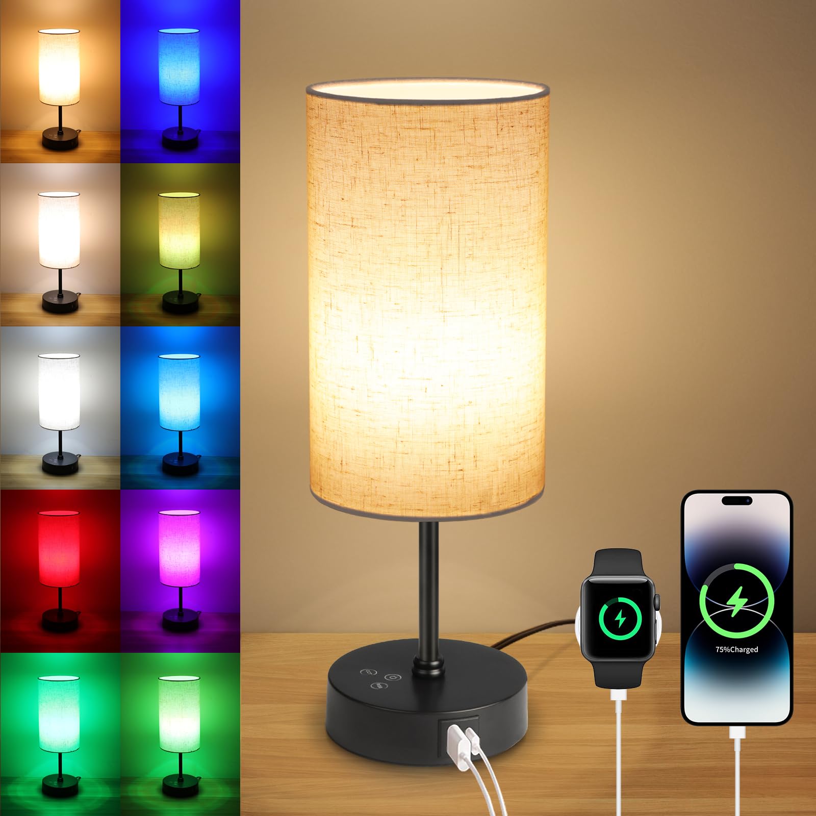 Ascher RGB Table Lamp Color Changing - 3 Color Temperatures and Stepless Dimmable Small Bedside Lamp for Bedroom, Touch Control 