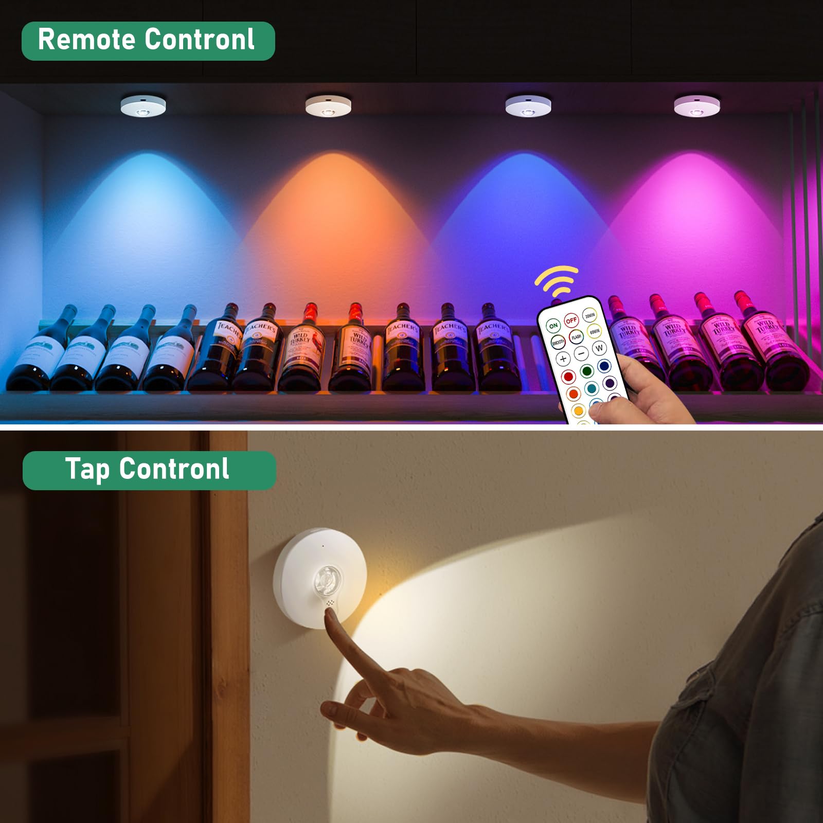 UNUSROOM LED Puck Lights, 2000mAh Battery Operated, Touch & Remote Control, Dimmable, Black, Model T065, Wireless Closet Light