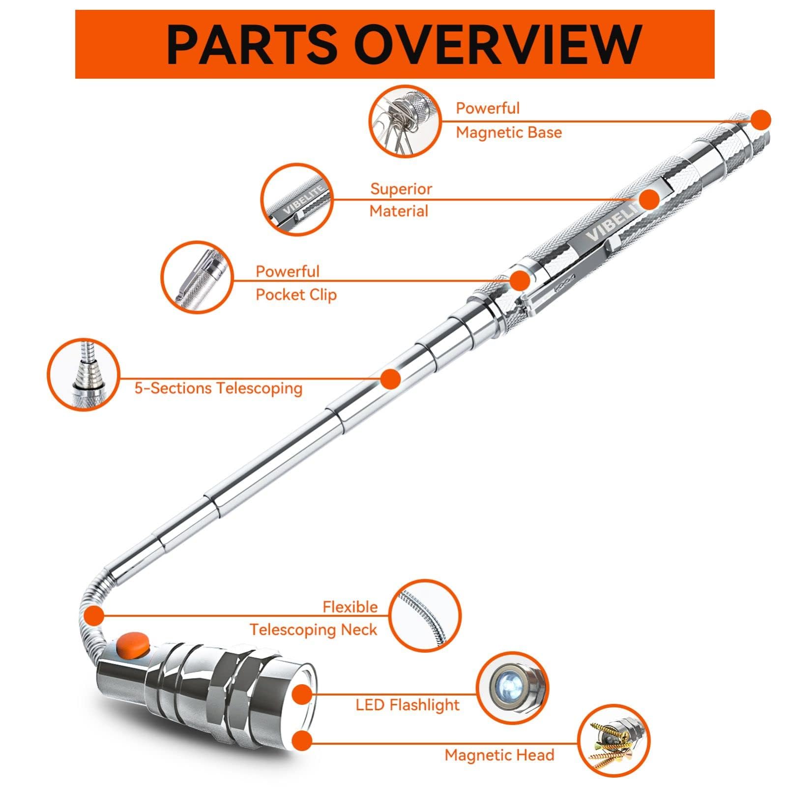 VIB high-standard Extendable Magnetic Flashlight Pickup Tool, Aluminum, Silver, Model 2401MPT, 2 Pack