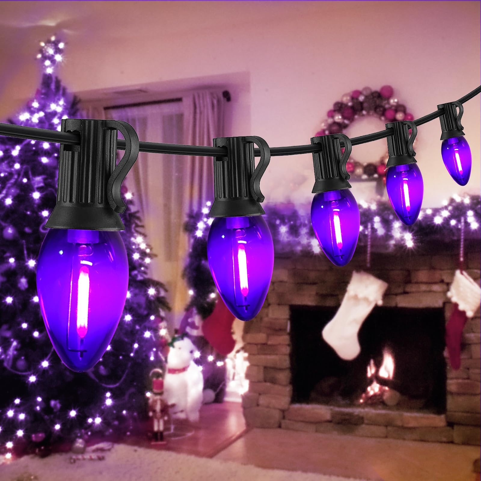 Chyparty 25Ft C7 Purple Halloween Lights Outdoor Indoor  Led String Lights With 25 Shatterproof Bulbs For Patio  Yard  Fence  Christmas Tree  Holiday D?Cor