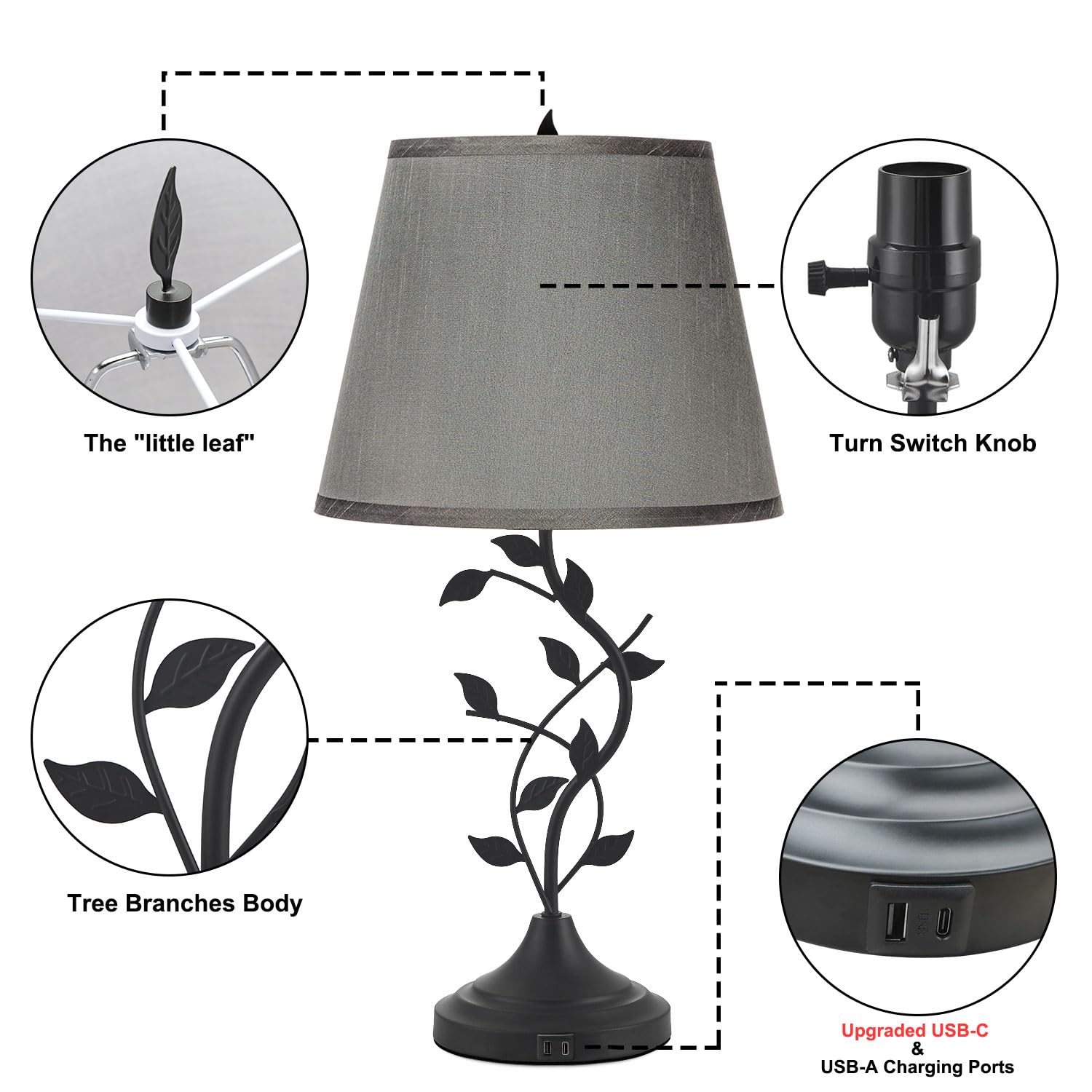 Kakanuo Table Lamp - Grey Linen Bedside Lamp with USB C Ports, Retro Design for Bedroom and Living Room
