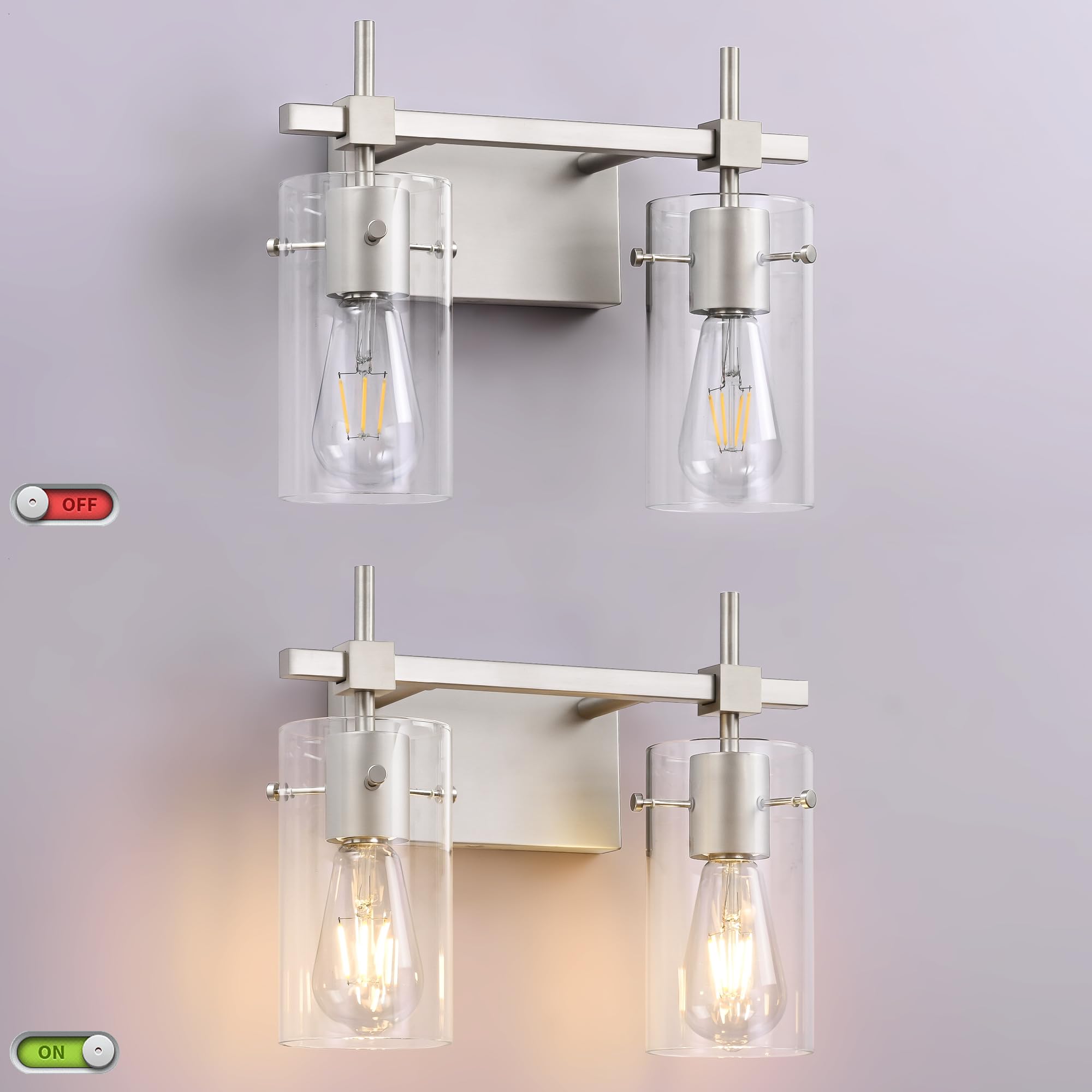 Solfart 2 Light Wall Scone Vintage Vanity Light Fixtures Brushed Nickel Wall Light For Bathroom Lights Over Mirror With Glass Sh
