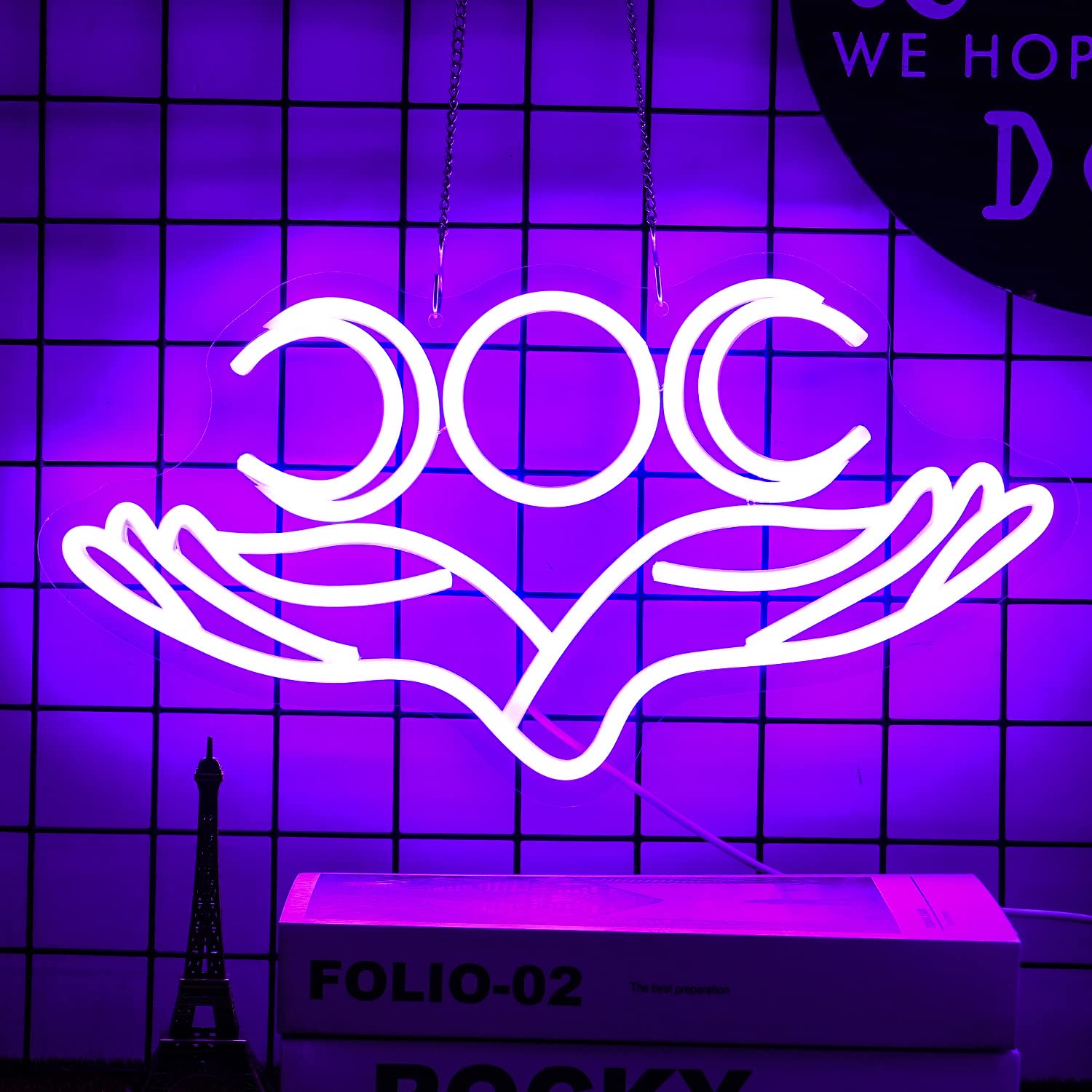 Alkkign Hand to Moon Neon Signs Hand Supported Month Neon Sign Dimmable Purple Neon Signs for Wall Decor 16.5   x8.6    with USB