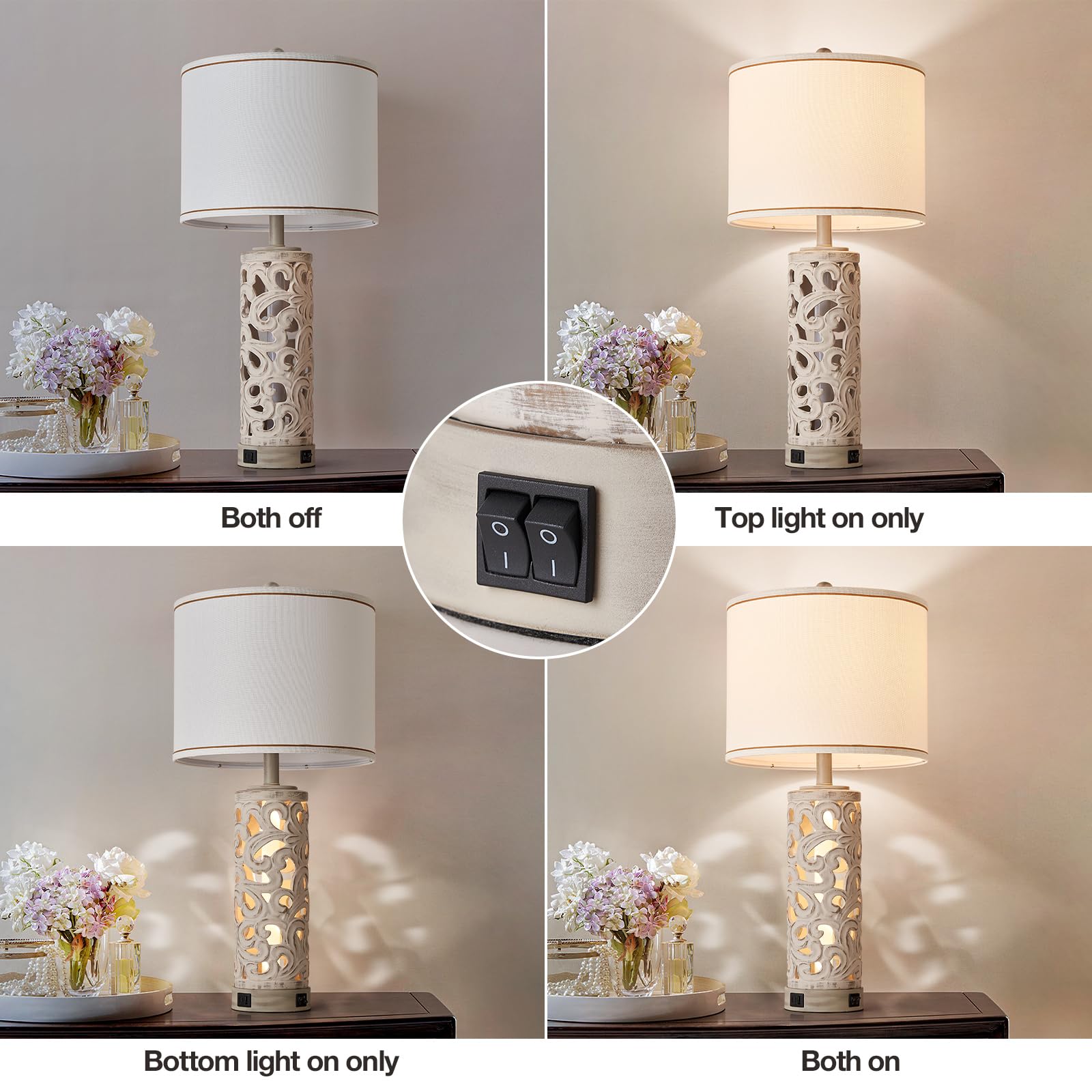 Aidenoey 28&quot; Farmhouse Table Lamps Set Of 2 With Usb Ports & Night Light, White Ceramic