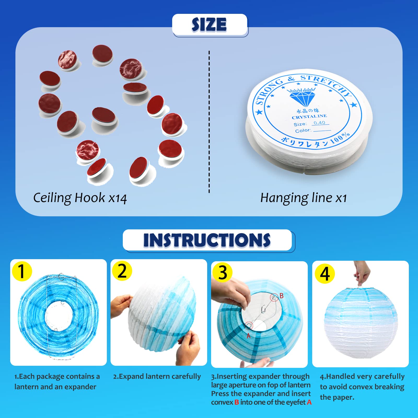 Meiduo 14 Pcs Gradient Blue Paper Lanterns - Decorative Hanging Tissue Paper Lights For Parties