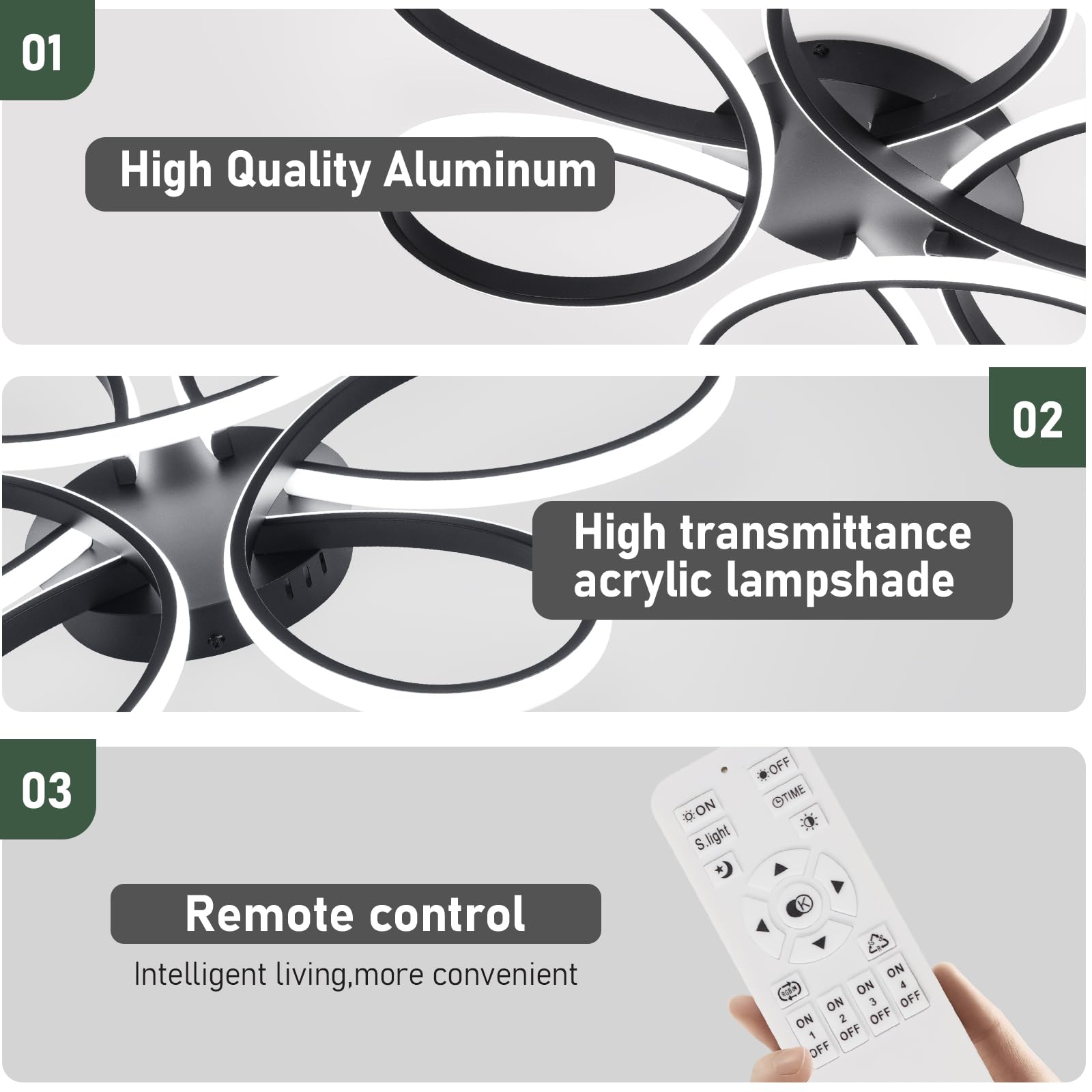 HLILCEH 26in LED Ceiling Light, 6 Rings Flush Mount Fixture, Black, Dimmable with Remote Control, Model CL-6BHBK-D-US-FBA