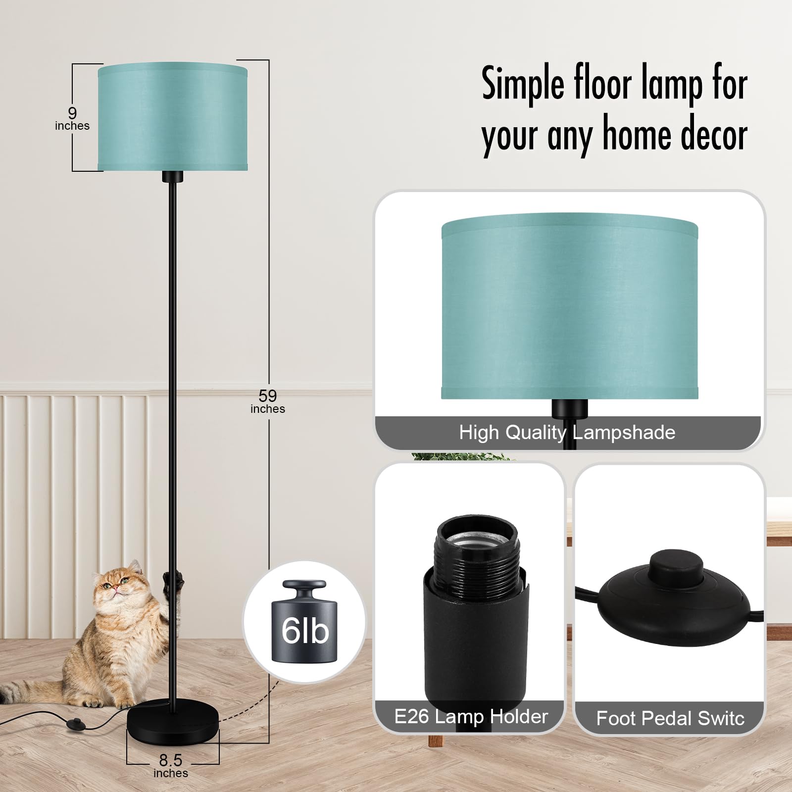 Floor Lamp  Standing Lamp  Modern Floor Lamps With Green Lampshades  Foot Switch  59  Tall  Bright Pole Lamps For Living Room  Bedroom  Office  Nightstand  Kids  Gift  Green Lamp (Without Bulb)